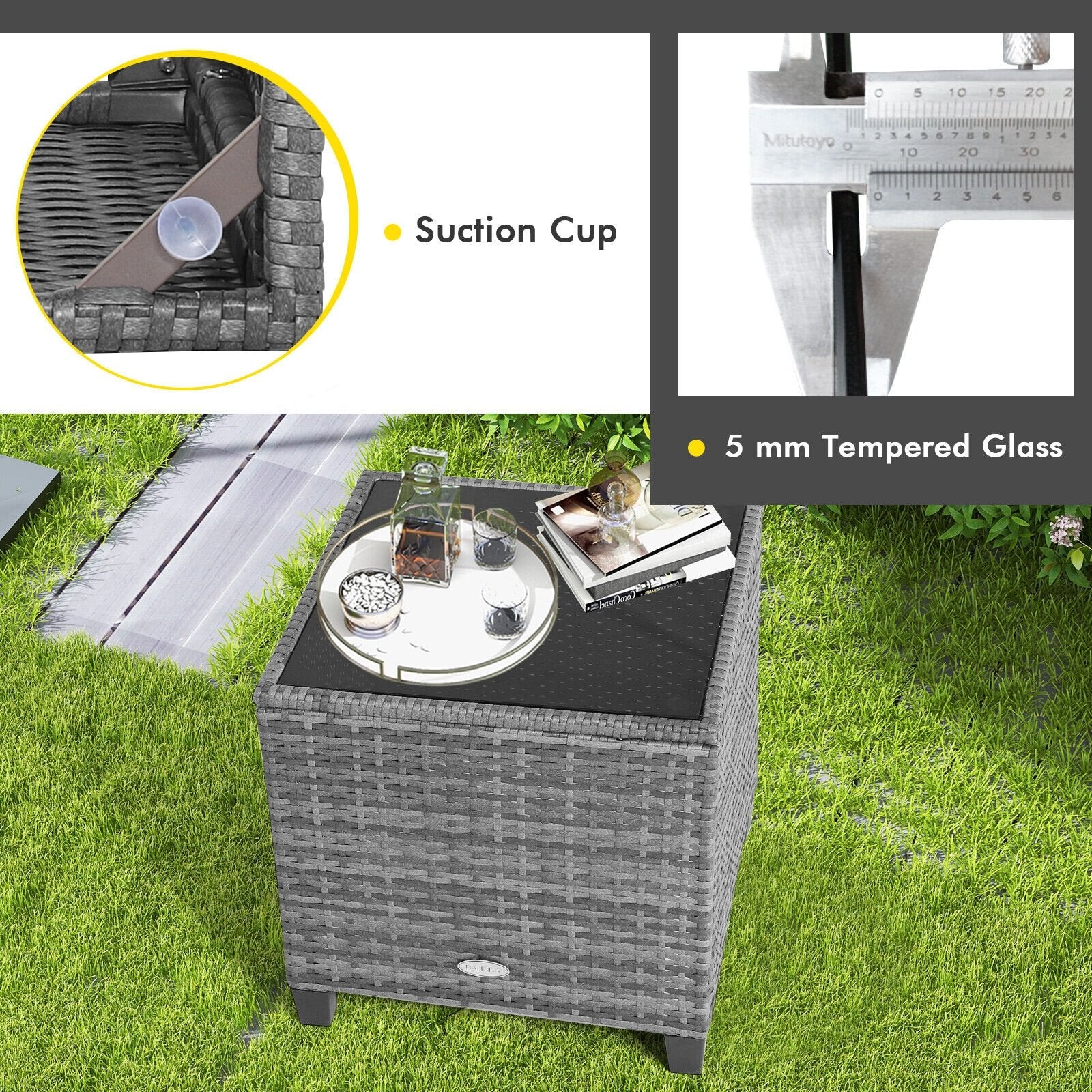 3 Pieces Outdoor Wicker Conversation Set with Tempered Glass Tabletop, Gray Patio Conversation Sets   at Gallery Canada