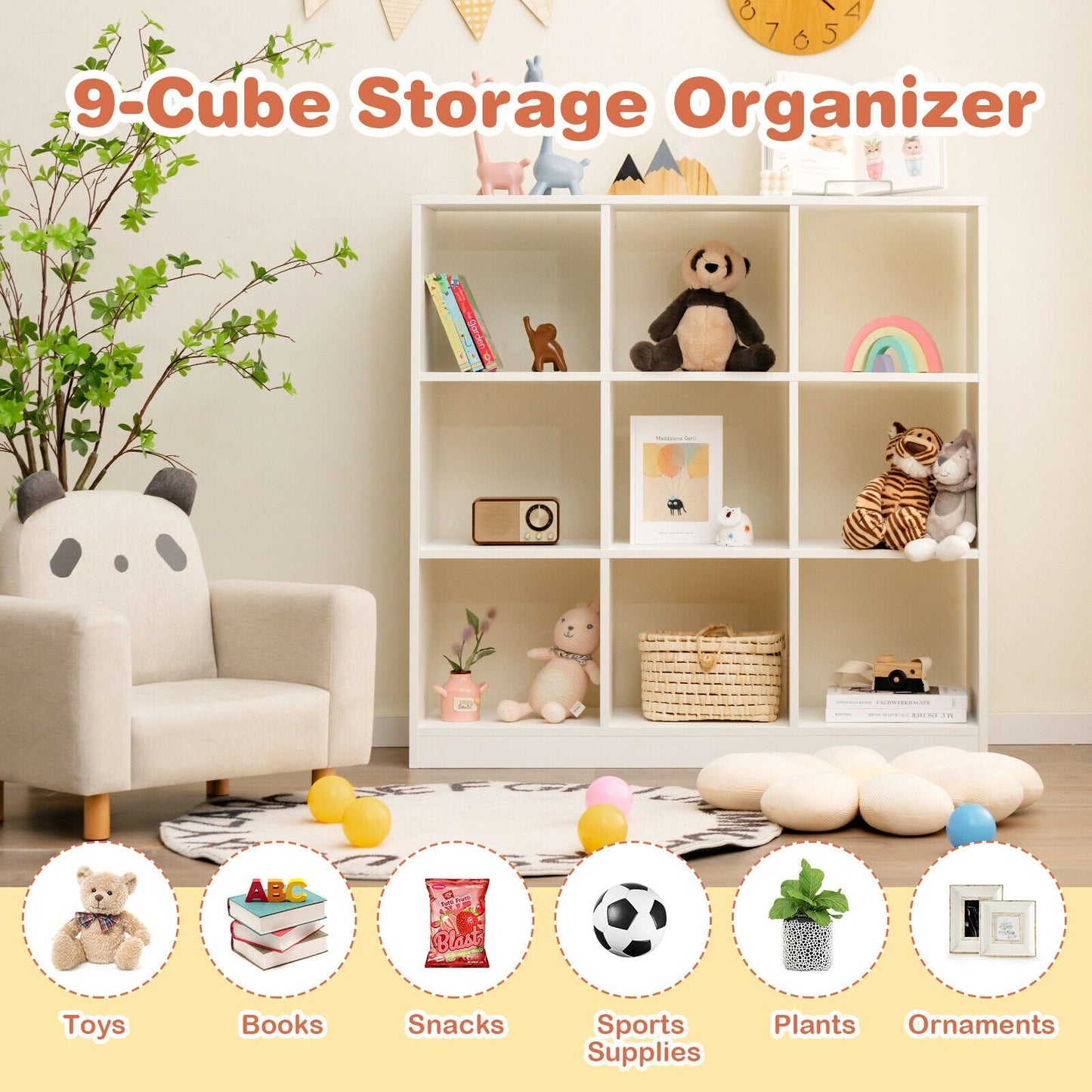 Modern 9-Cube Bookcase with 2 Anti-Tipping Kits for Books Toys Ornaments, White - Gallery Canada