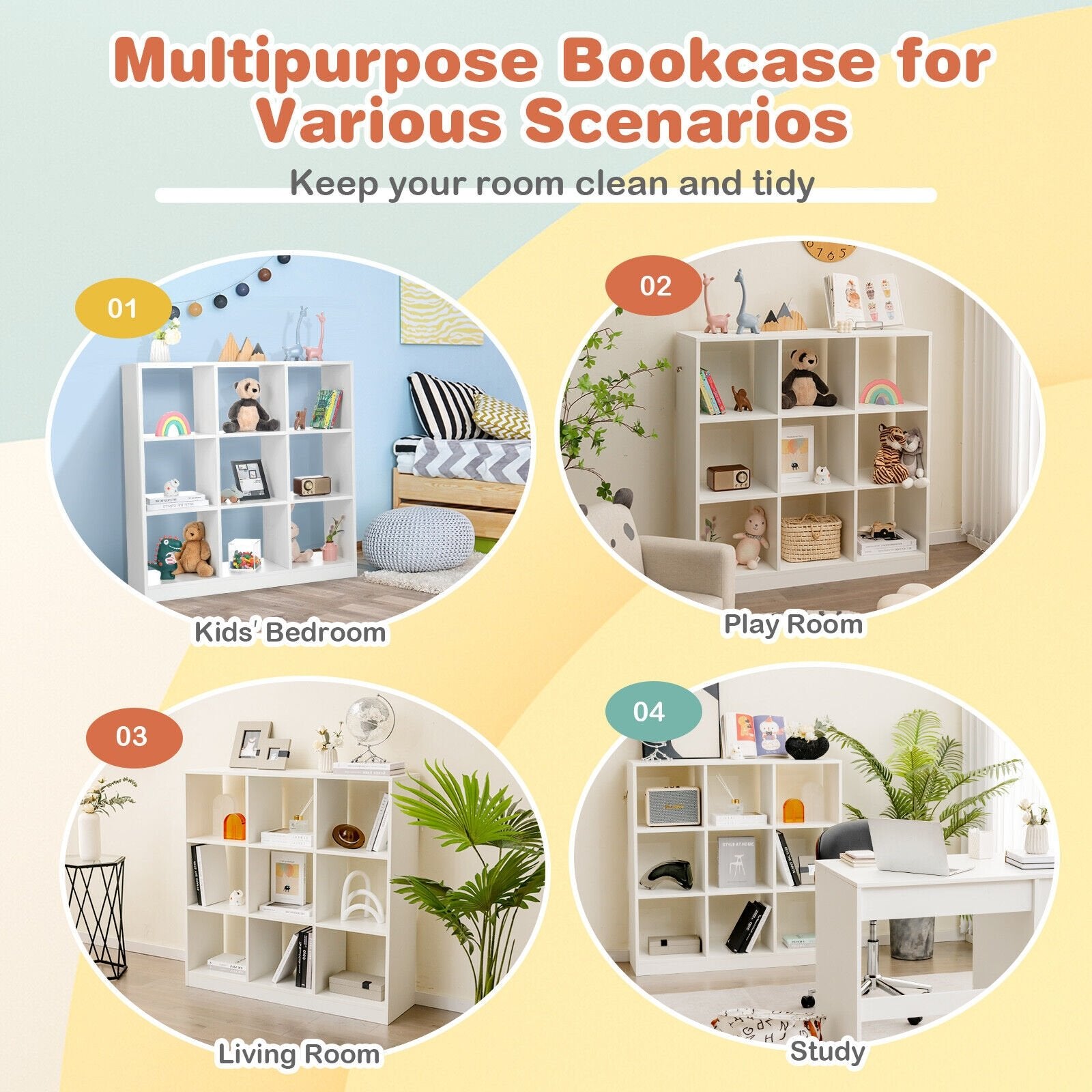 Modern 9-Cube Bookcase with 2 Anti-Tipping Kits for Books Toys Ornaments, White - Gallery Canada