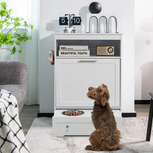 Pet Feeder Station with Stainless Steel Bowl, White