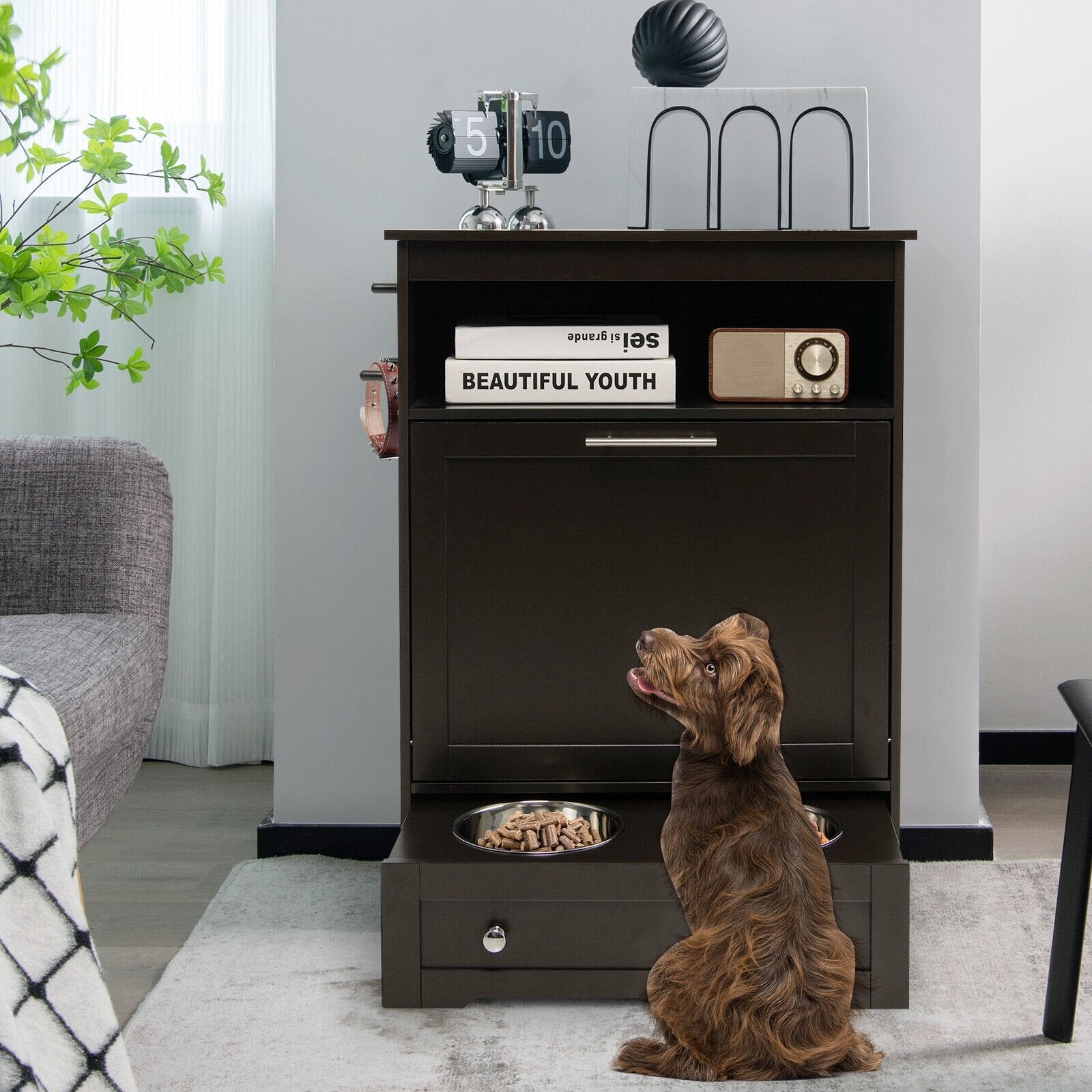 Pet Feeder Station with Stainless Steel Bowl, Coffee Cat Supplies   at Gallery Canada