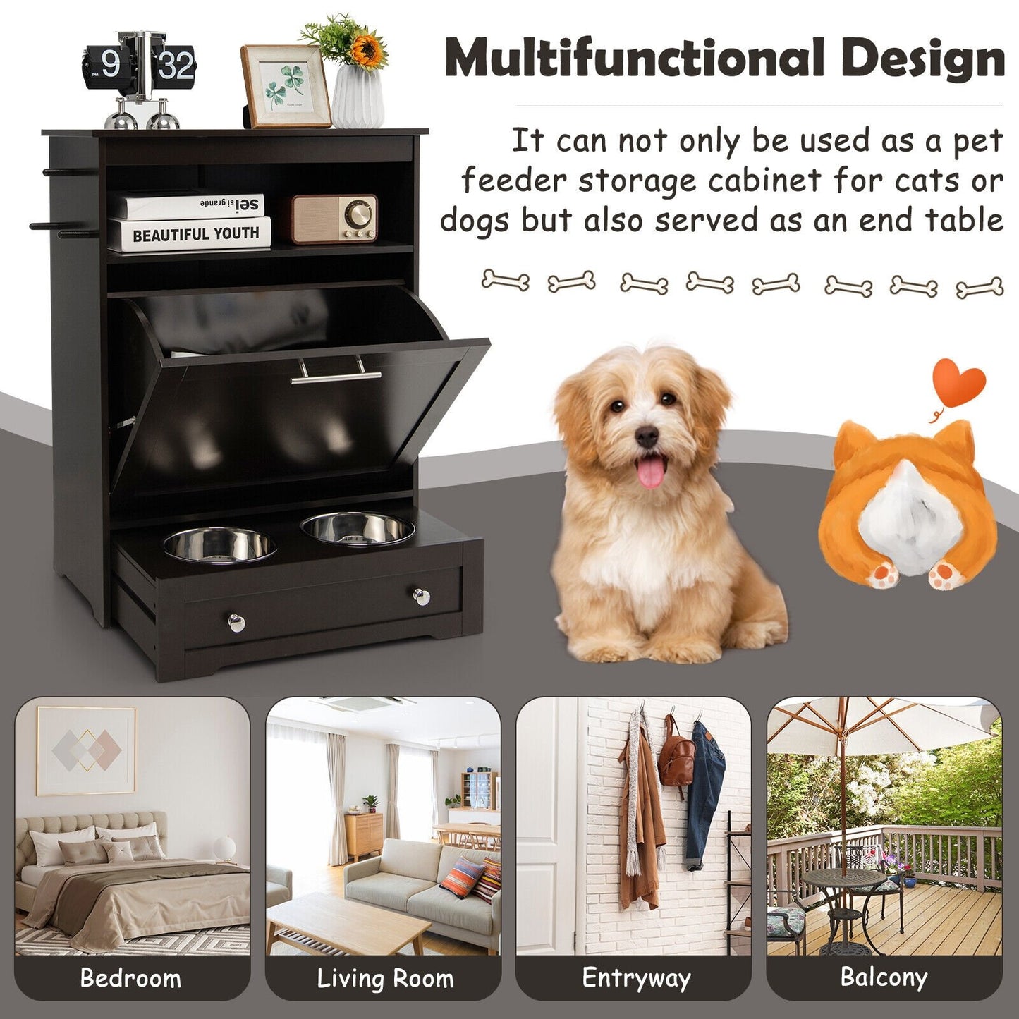 Pet Feeder Station with Stainless Steel Bowl, Coffee Cat Supplies   at Gallery Canada