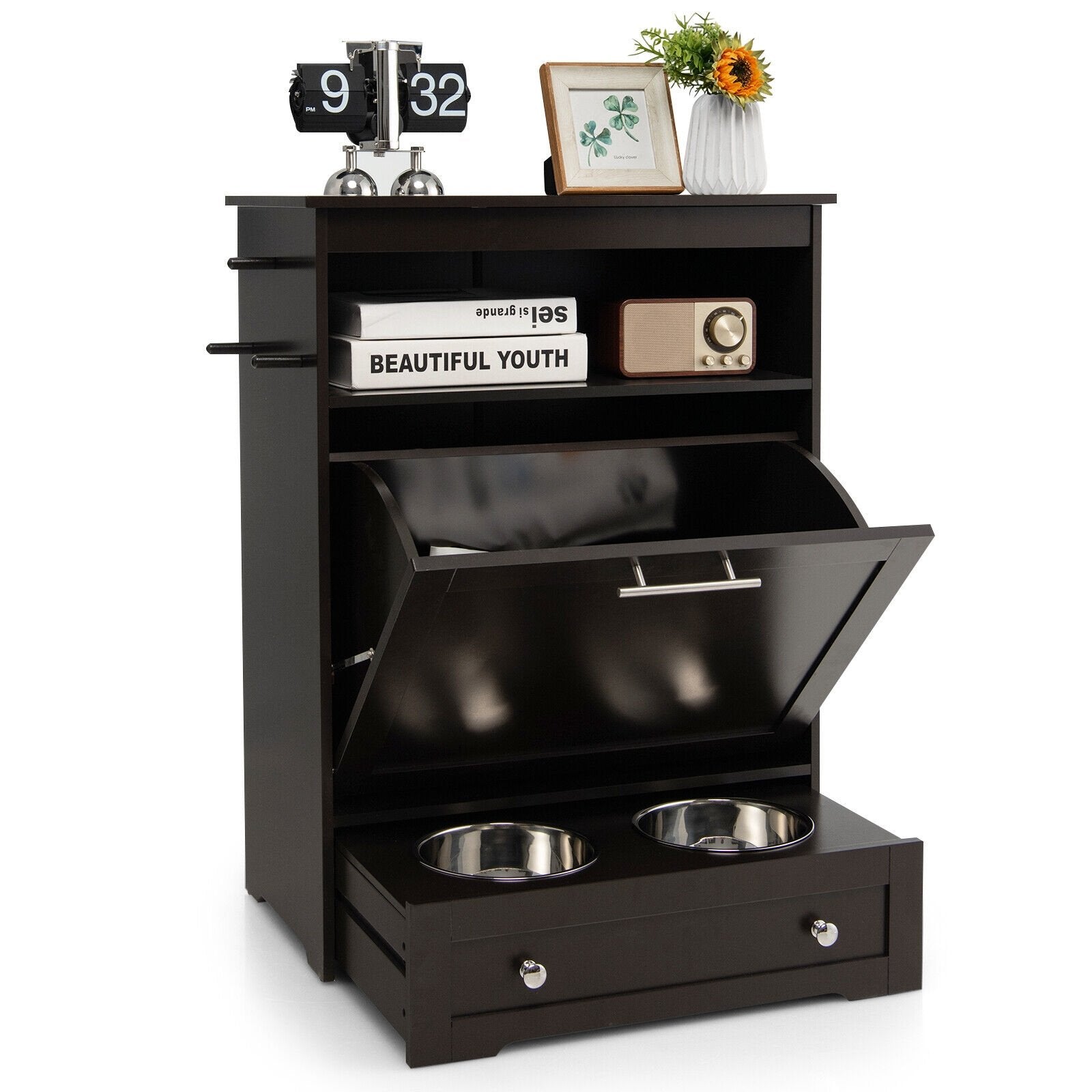 Pet Feeder Station with Stainless Steel Bowl, Coffee Cat Supplies   at Gallery Canada