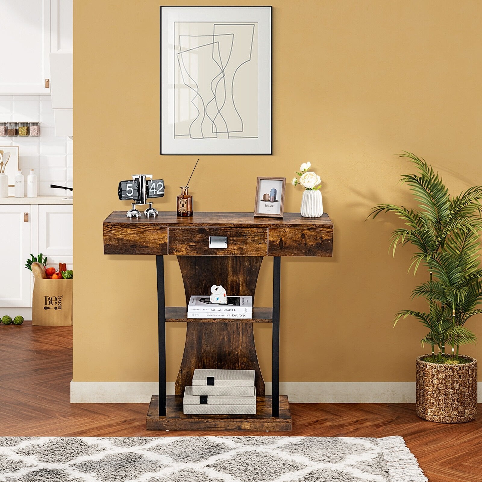 Console Table with Drawer and 2-Tier Shelves for Entryway Living Room, Rustic Brown Console Tables   at Gallery Canada