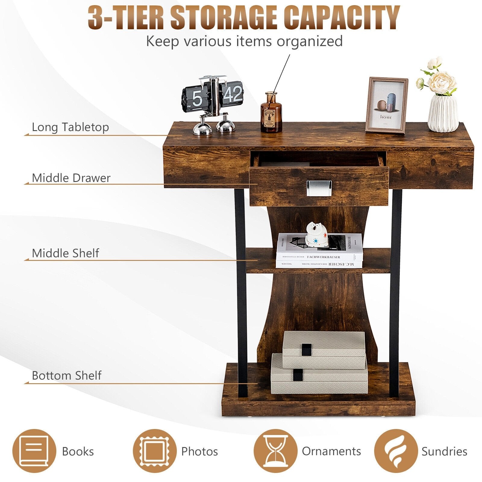 Console Table with Drawer and 2-Tier Shelves for Entryway Living Room, Rustic Brown Console Tables   at Gallery Canada