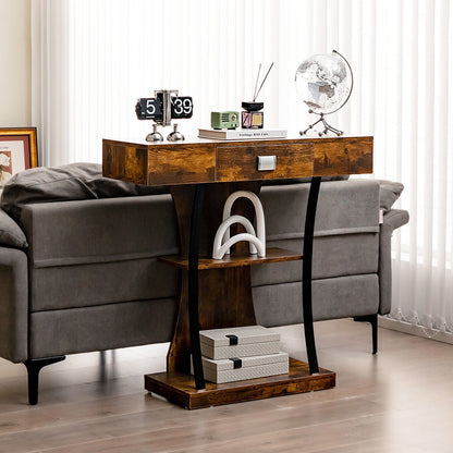 Console Table with Drawer and 2-Tier Shelves for Entryway Living Room, Rustic Brown Console Tables   at Gallery Canada