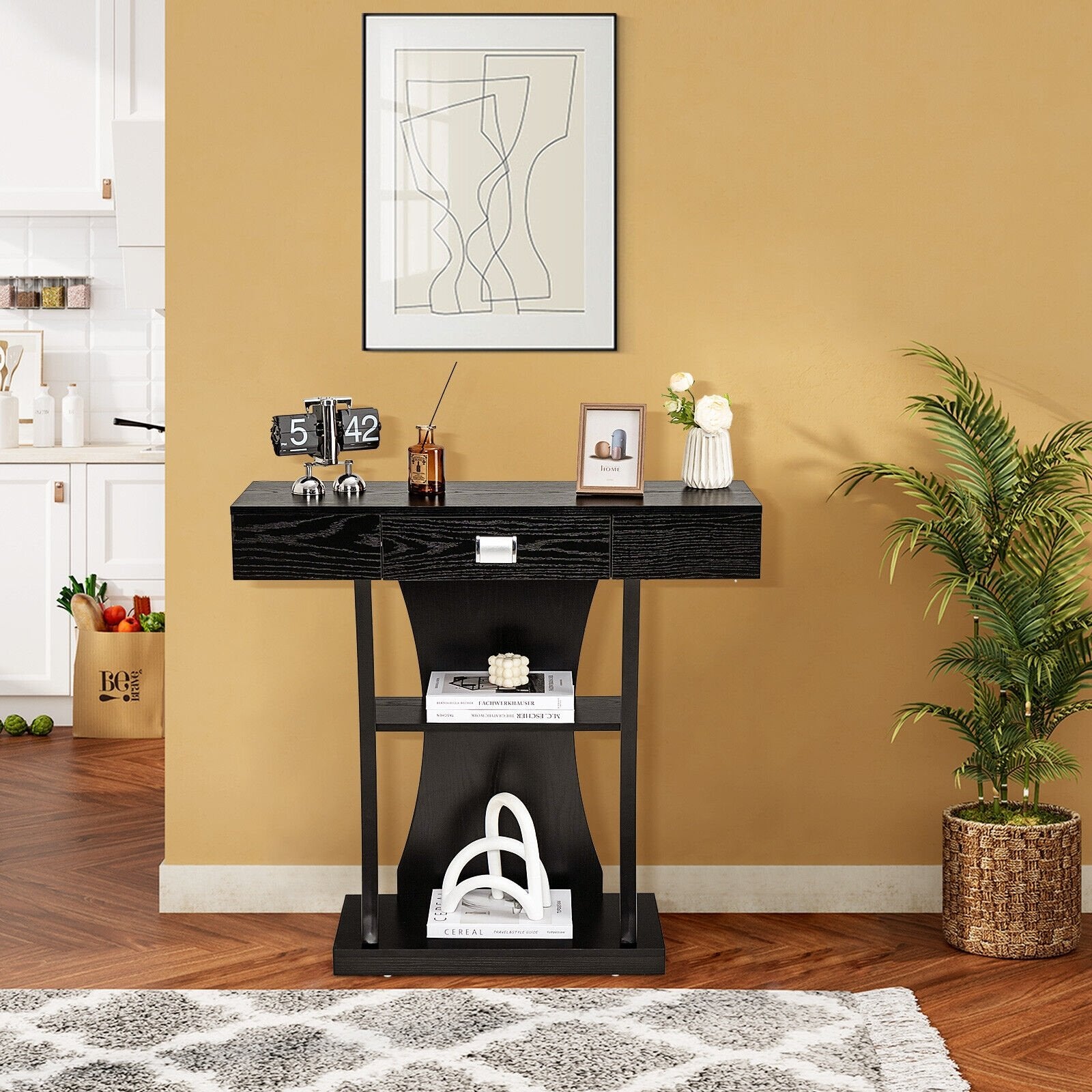 Console Table with Drawer and 2-Tier Shelves for Entryway Living Room, Black Console Tables   at Gallery Canada