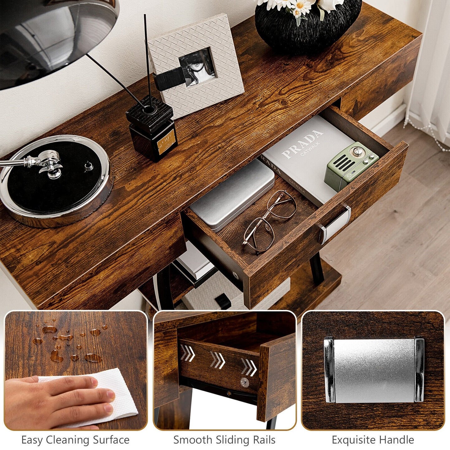 Console Table with Drawer and 2-Tier Shelves for Entryway Living Room, Rustic Brown Console Tables   at Gallery Canada