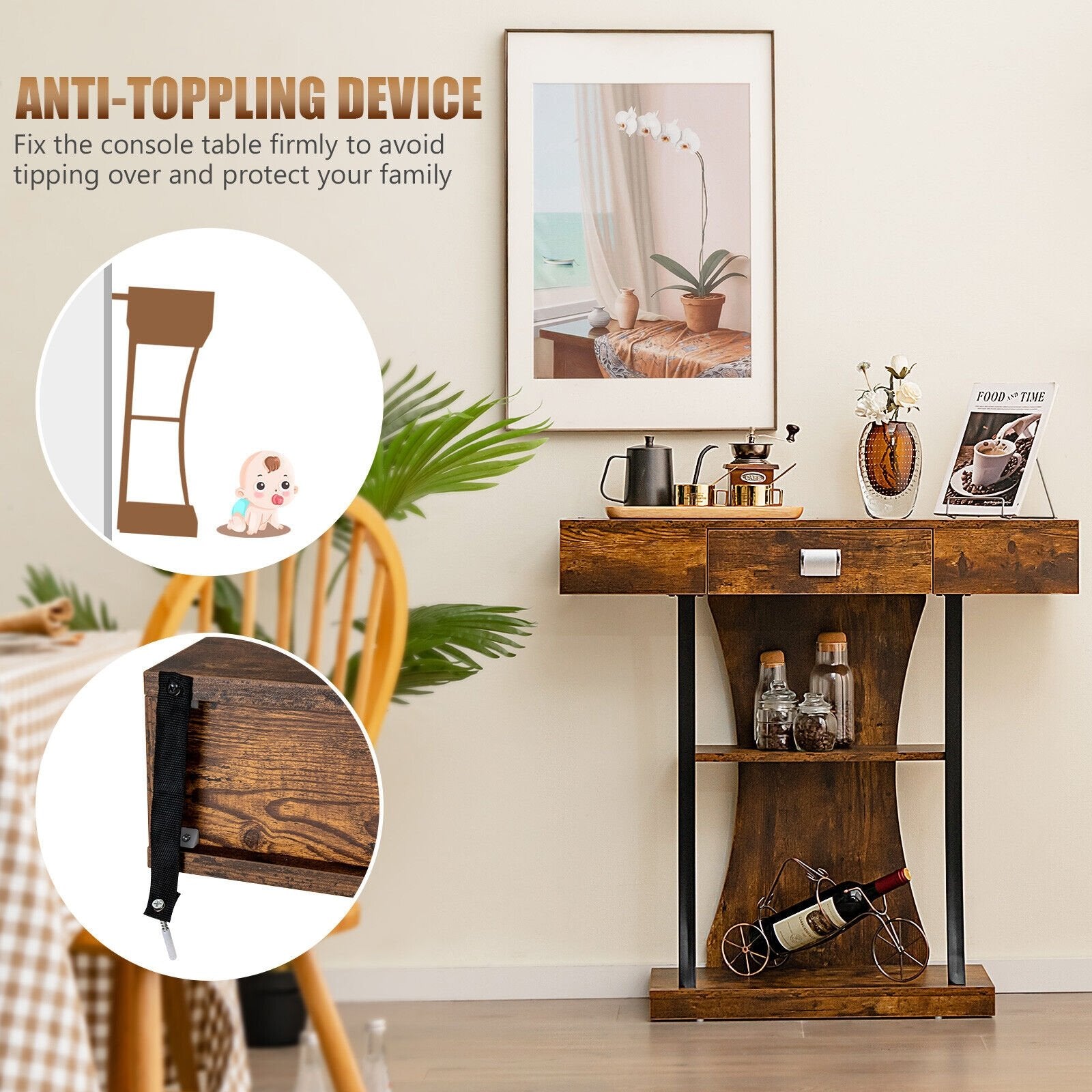 Console Table with Drawer and 2-Tier Shelves for Entryway Living Room, Rustic Brown Console Tables   at Gallery Canada