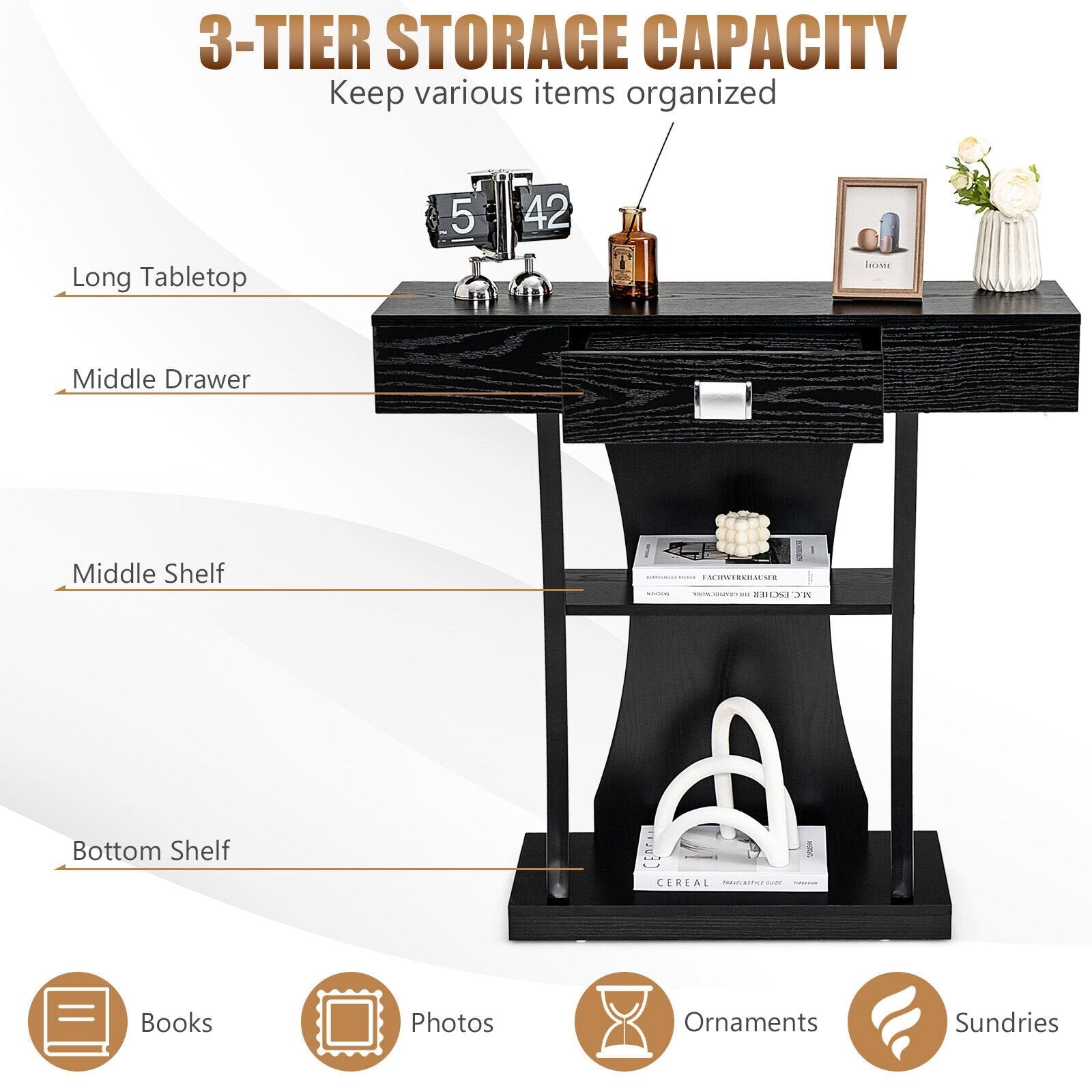 Console Table with Drawer and 2-Tier Shelves for Entryway Living Room, Black Console Tables   at Gallery Canada