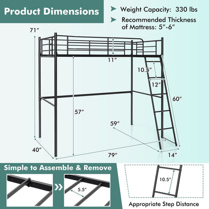 Twin Metal Loft Bed with Ladderand High Guard Rails, Black - Gallery Canada