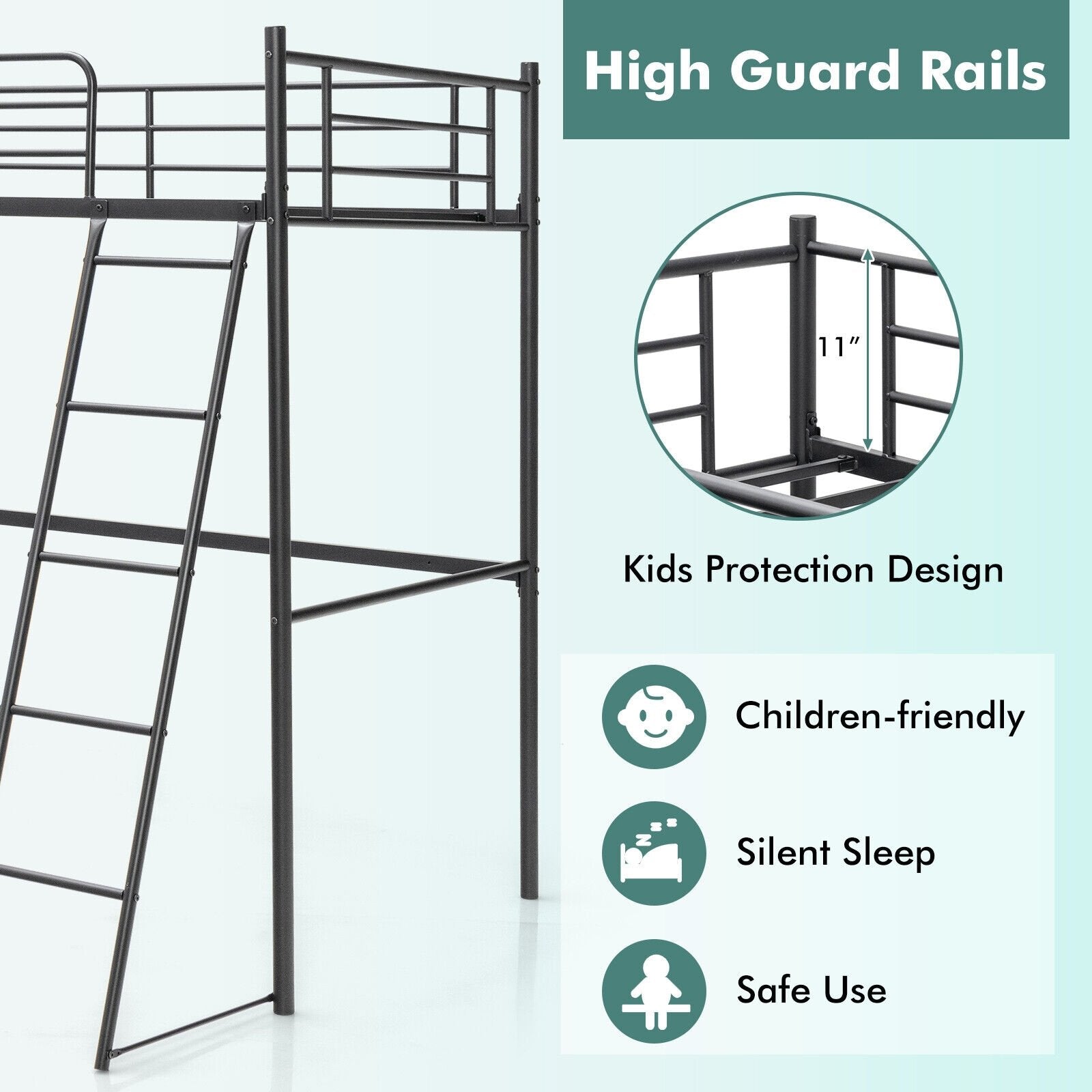 Twin Metal Loft Bed with Ladderand High Guard Rails, Black - Gallery Canada
