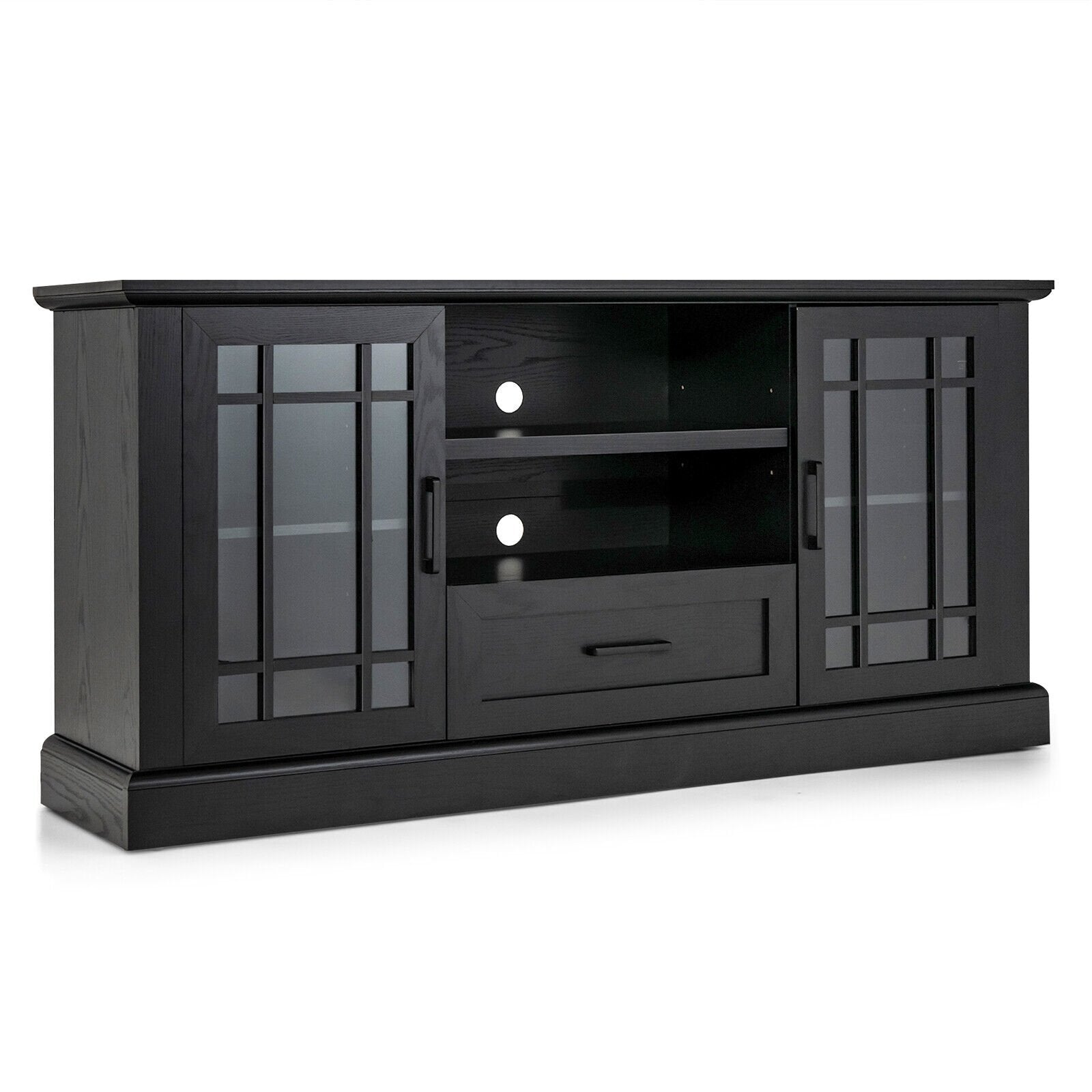 TV Stand for TVs up to 70 with Glass Doors Cubbies and Drawer, Black - Gallery Canada