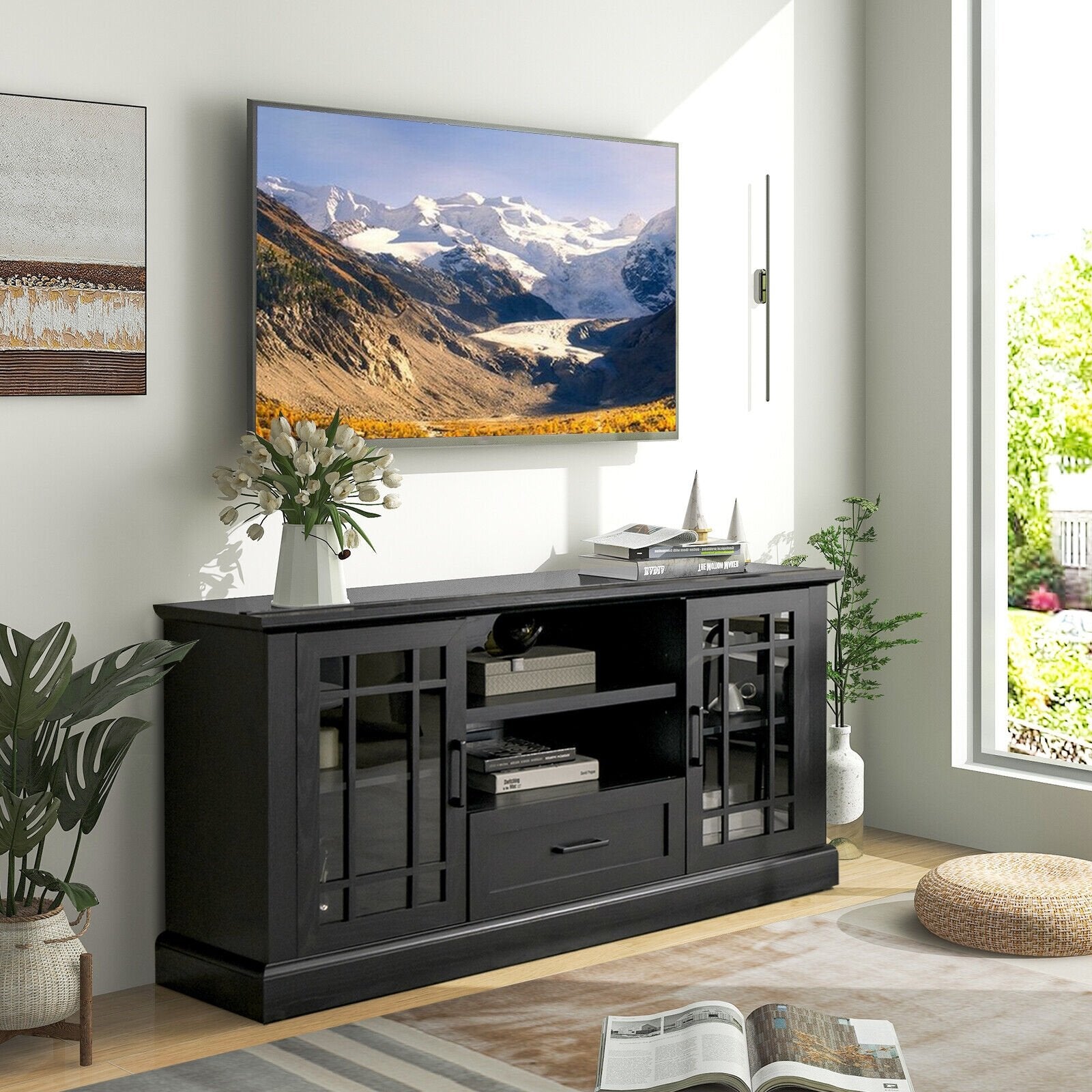 TV Stand for TVs up to 70 with Glass Doors Cubbies and Drawer, Black - Gallery Canada