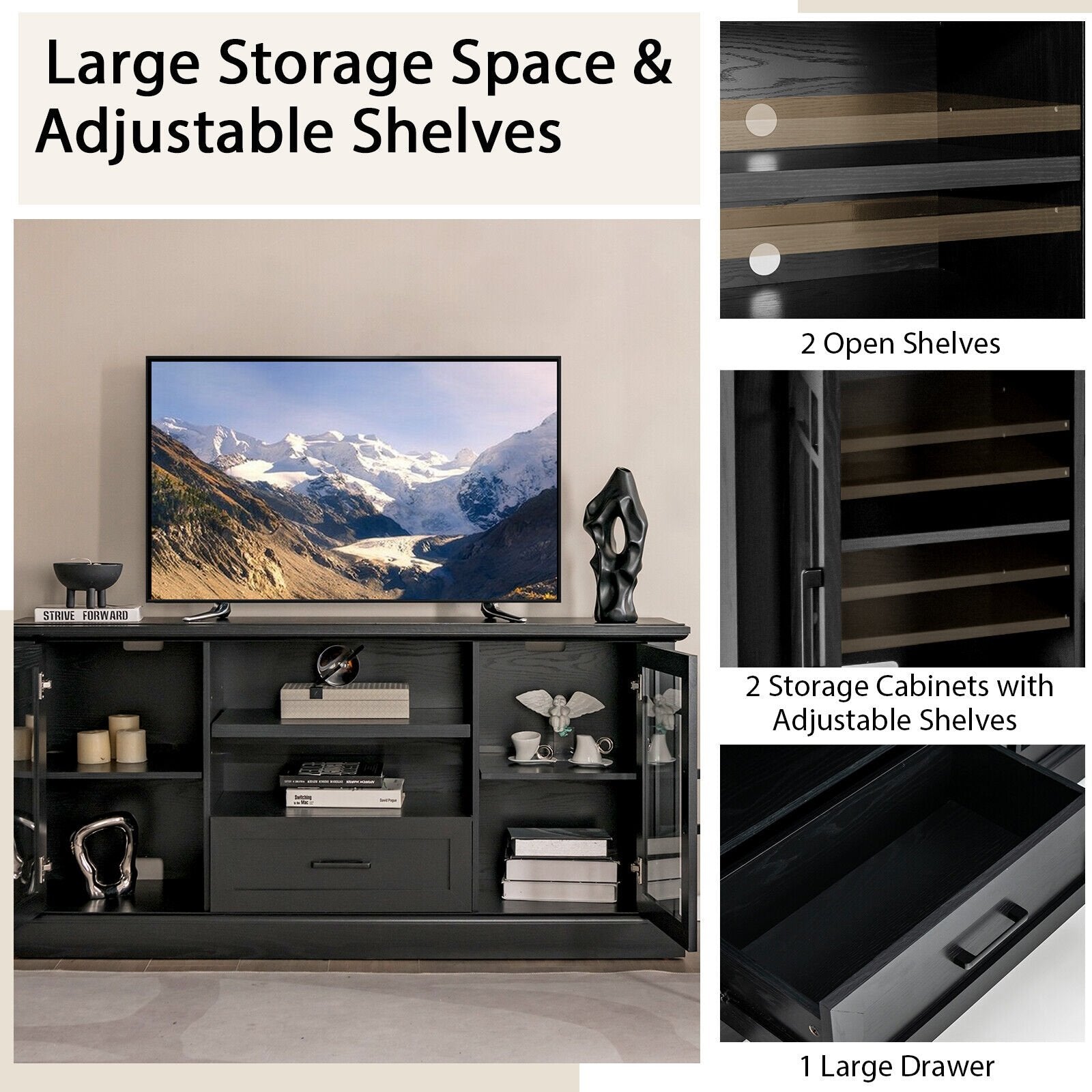 TV Stand for TVs up to 70 with Glass Doors Cubbies and Drawer, Black - Gallery Canada
