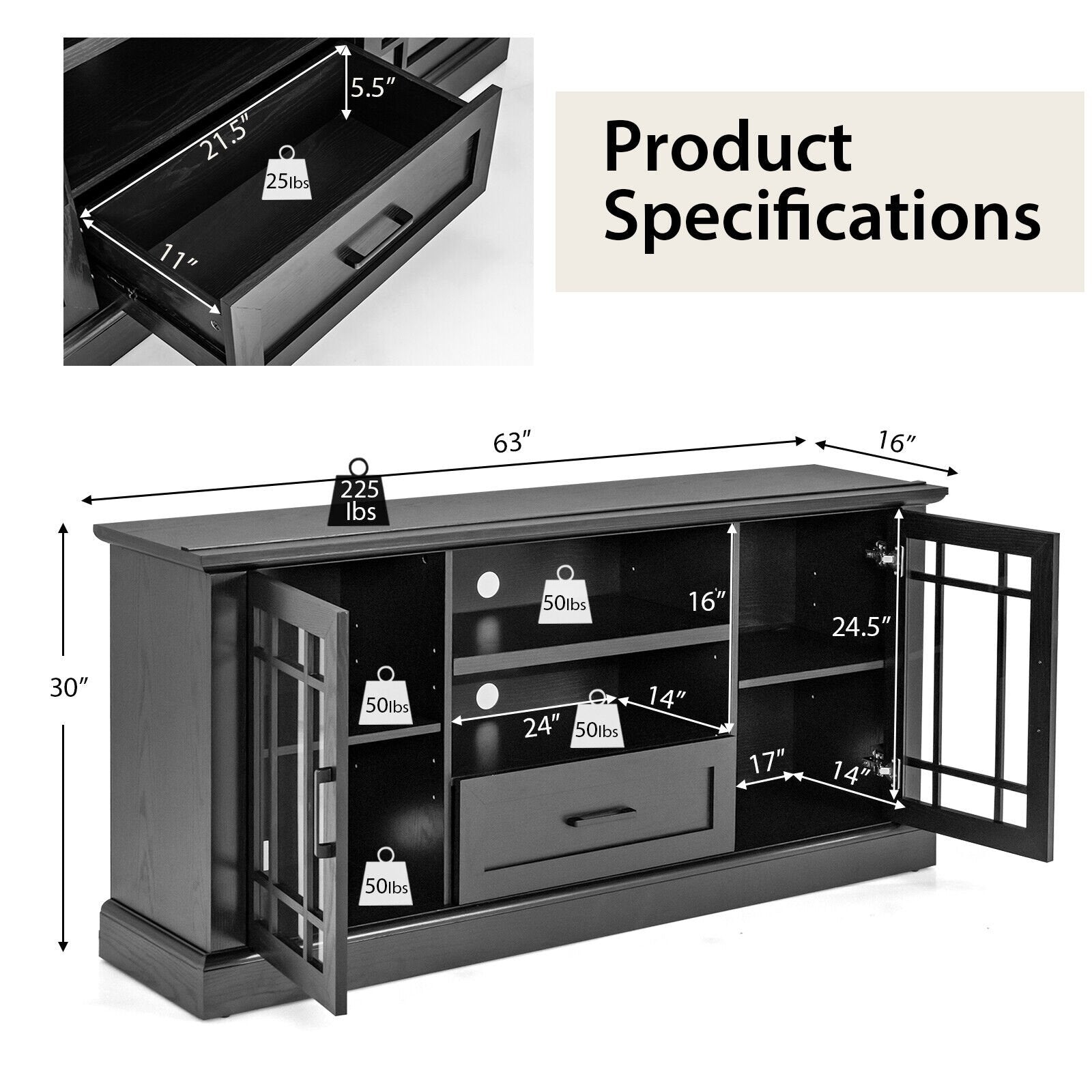 TV Stand for TVs up to 70 with Glass Doors Cubbies and Drawer, Black Entertainment Centers & TV Stands   at Gallery Canada