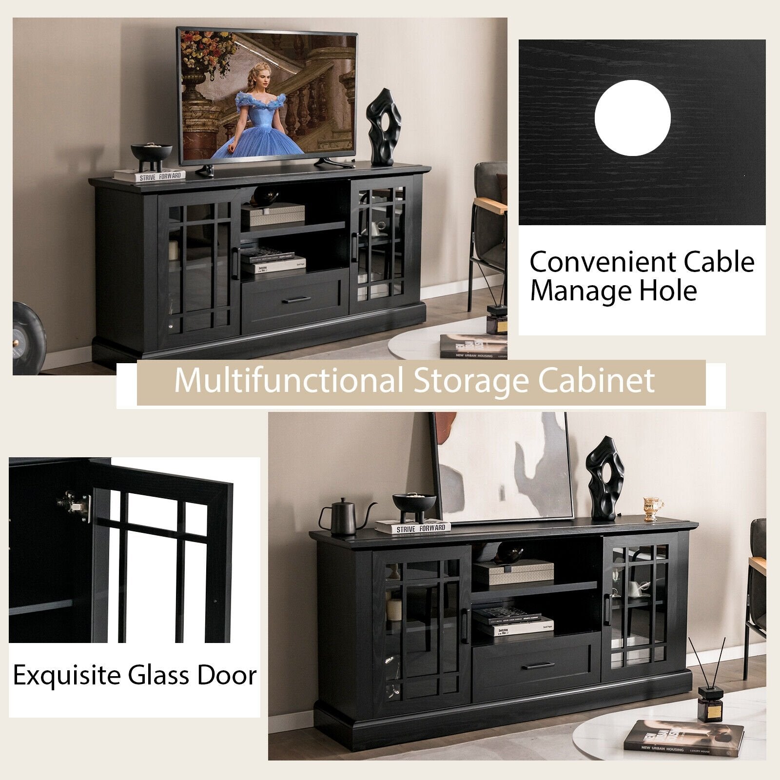 TV Stand for TVs up to 70 with Glass Doors Cubbies and Drawer, Black Entertainment Centers & TV Stands   at Gallery Canada