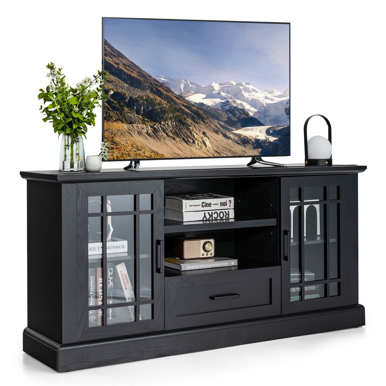 TV Stand for TVs up to 70 with Glass Doors Cubbies and Drawer, Black - Gallery Canada