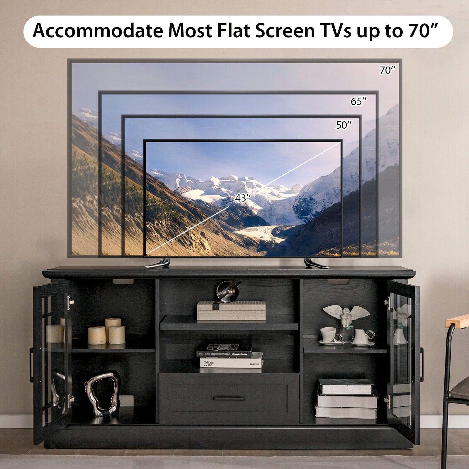 TV Stand for TVs up to 70 with Glass Doors Cubbies and Drawer, Black Entertainment Centers & TV Stands   at Gallery Canada