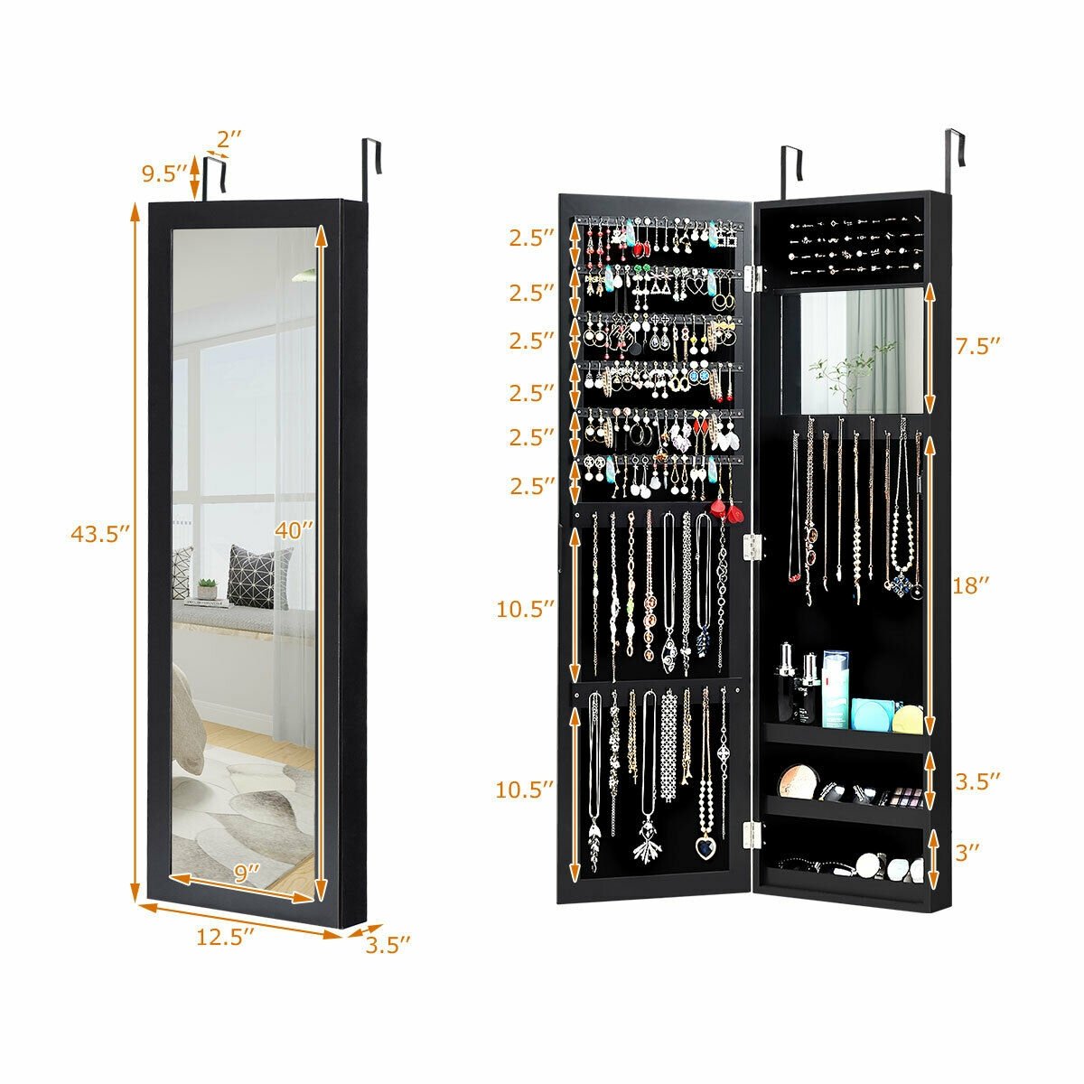 Full Length Mirror Jewelry Cabinet with Ring Slots and Necklace Hooks, Black - Gallery Canada