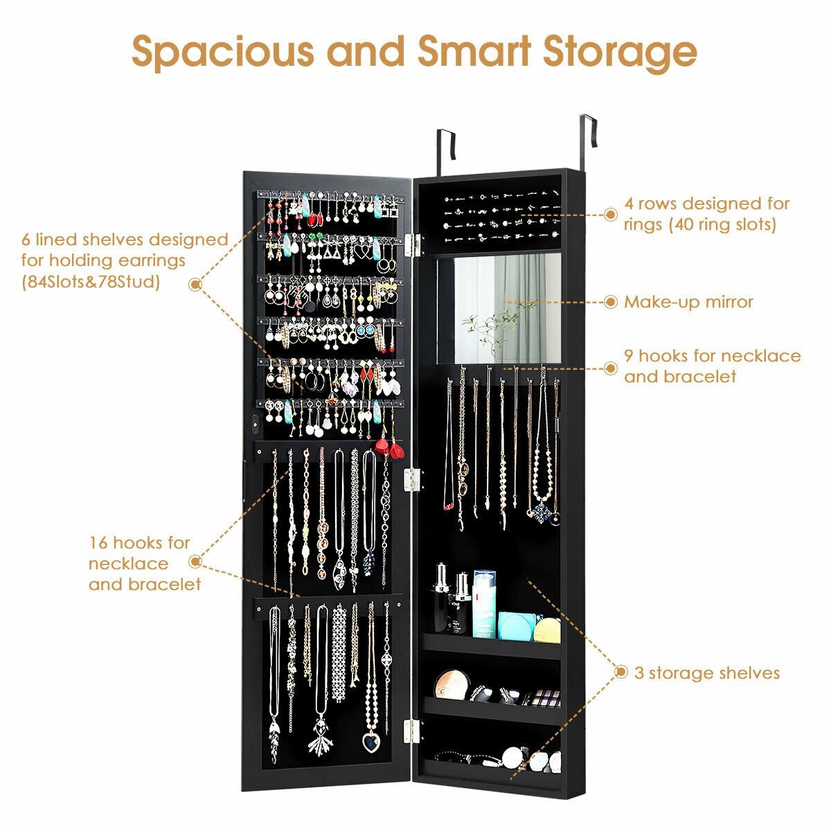 Full Length Mirror Jewelry Cabinet with Ring Slots and Necklace Hooks, Black Jewelry Armoires   at Gallery Canada