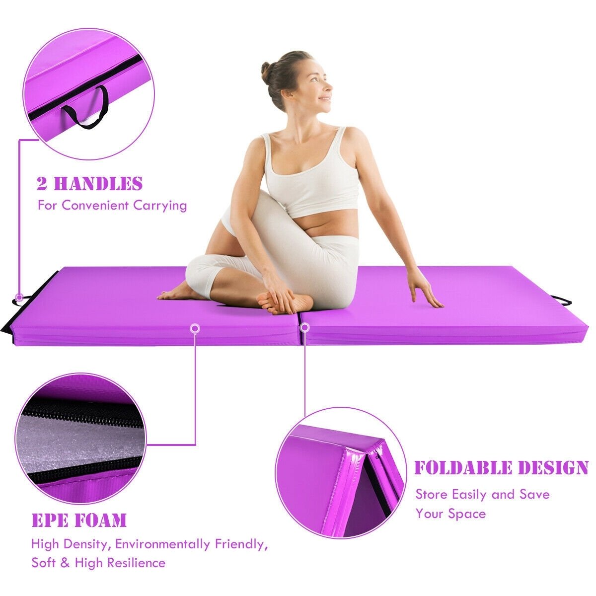 6 x 2 Feet Gymnastic Mat with Carrying Handles for Yoga, Purple Yoga & Gym Mats   at Gallery Canada