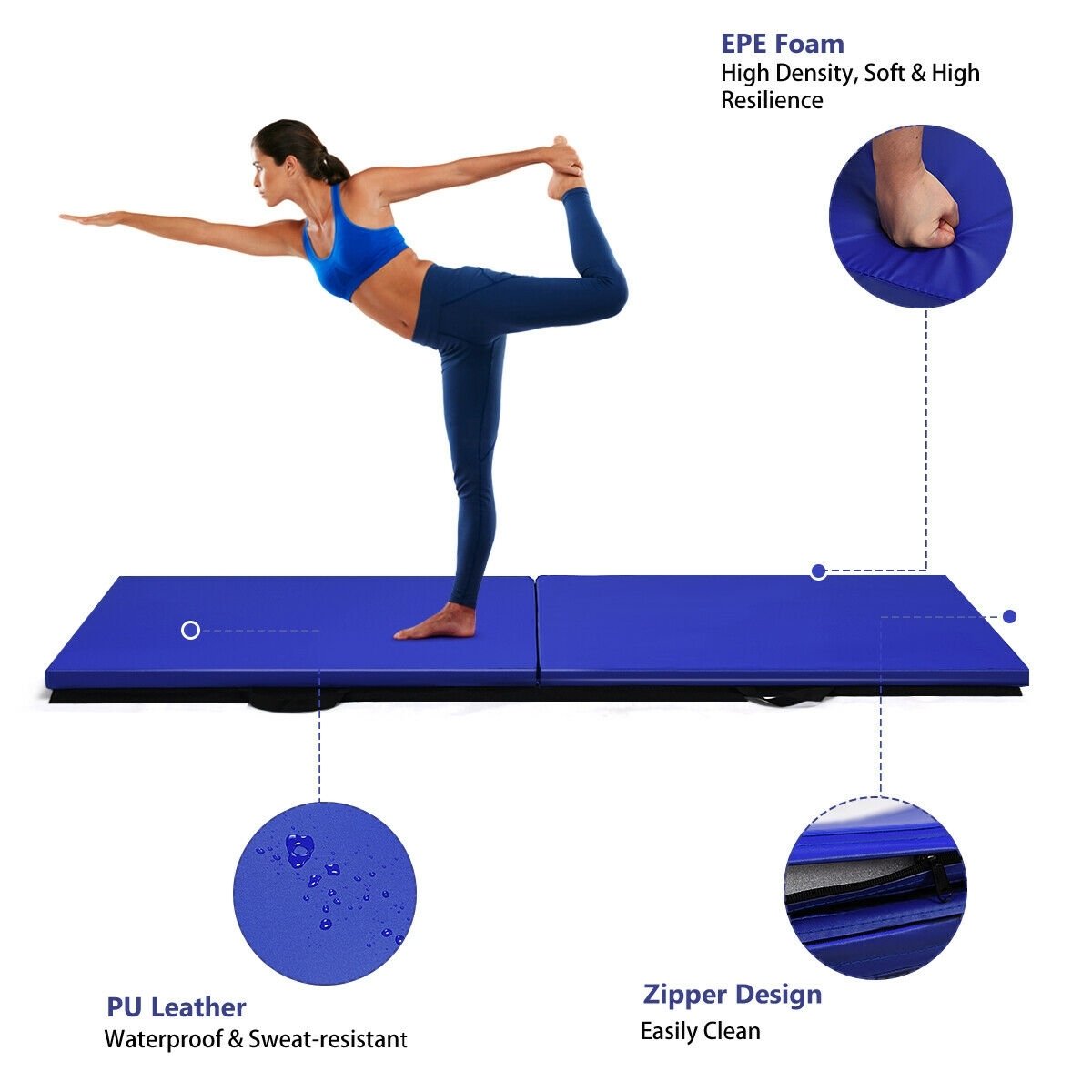 6 x 2 Feet Gymnastic Mat with Carrying Handles for Yoga, Blue Yoga & Gym Mats   at Gallery Canada