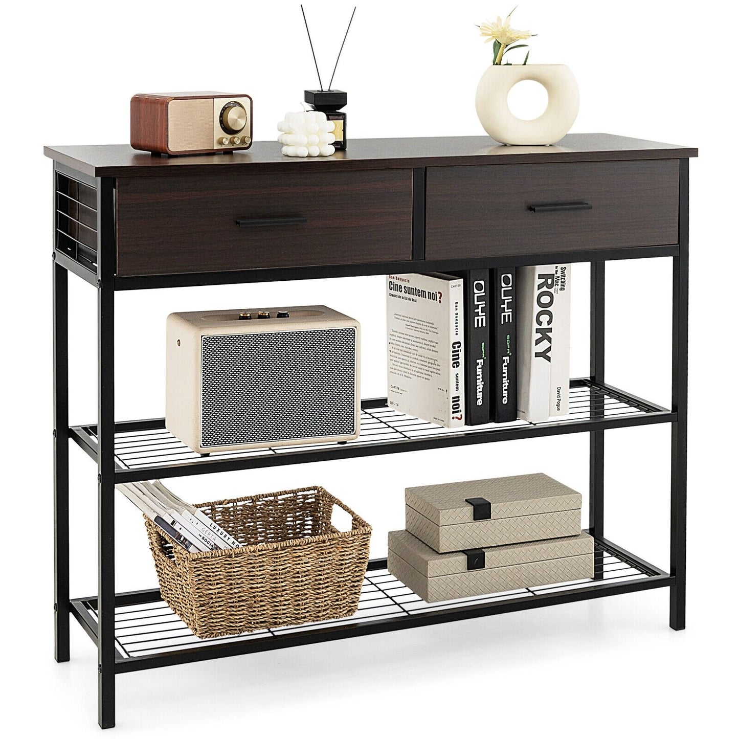 39.5 Inch Entryway Table with 2 Drawers and 2-Tier Shelves, Dark Brown Console Tables   at Gallery Canada