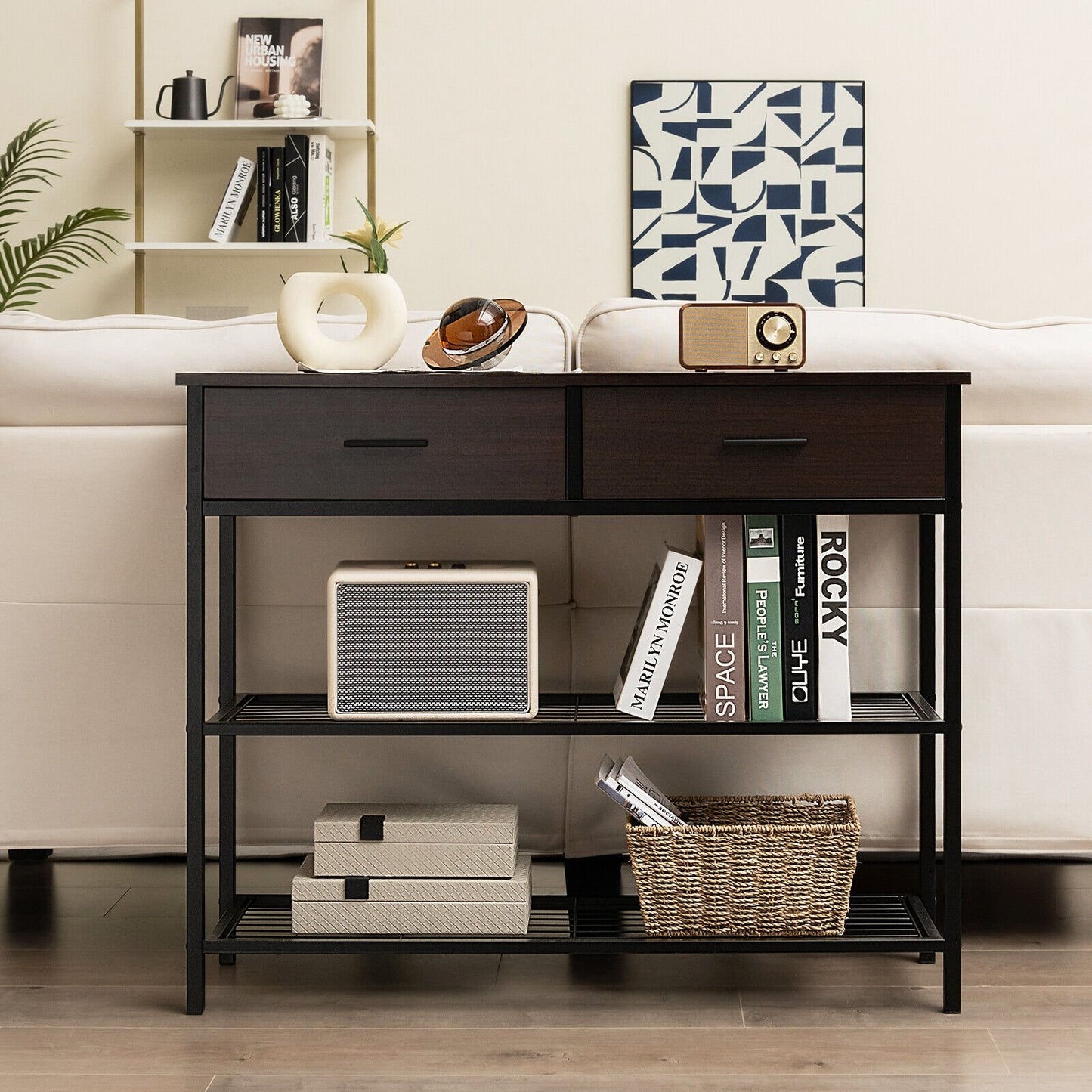 39.5 Inch Entryway Table with 2 Drawers and 2-Tier Shelves, Dark Brown Console Tables   at Gallery Canada