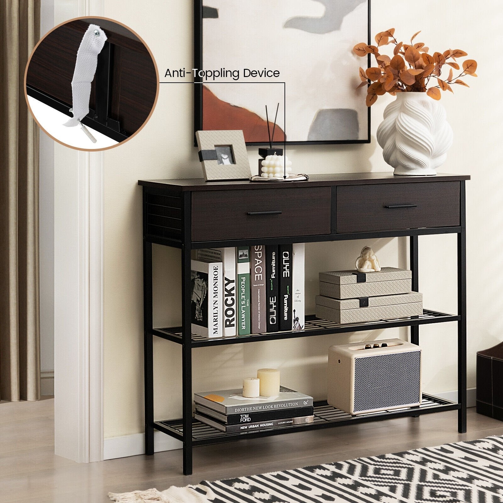 39.5 Inch Entryway Table with 2 Drawers and 2-Tier Shelves, Dark Brown Console Tables   at Gallery Canada