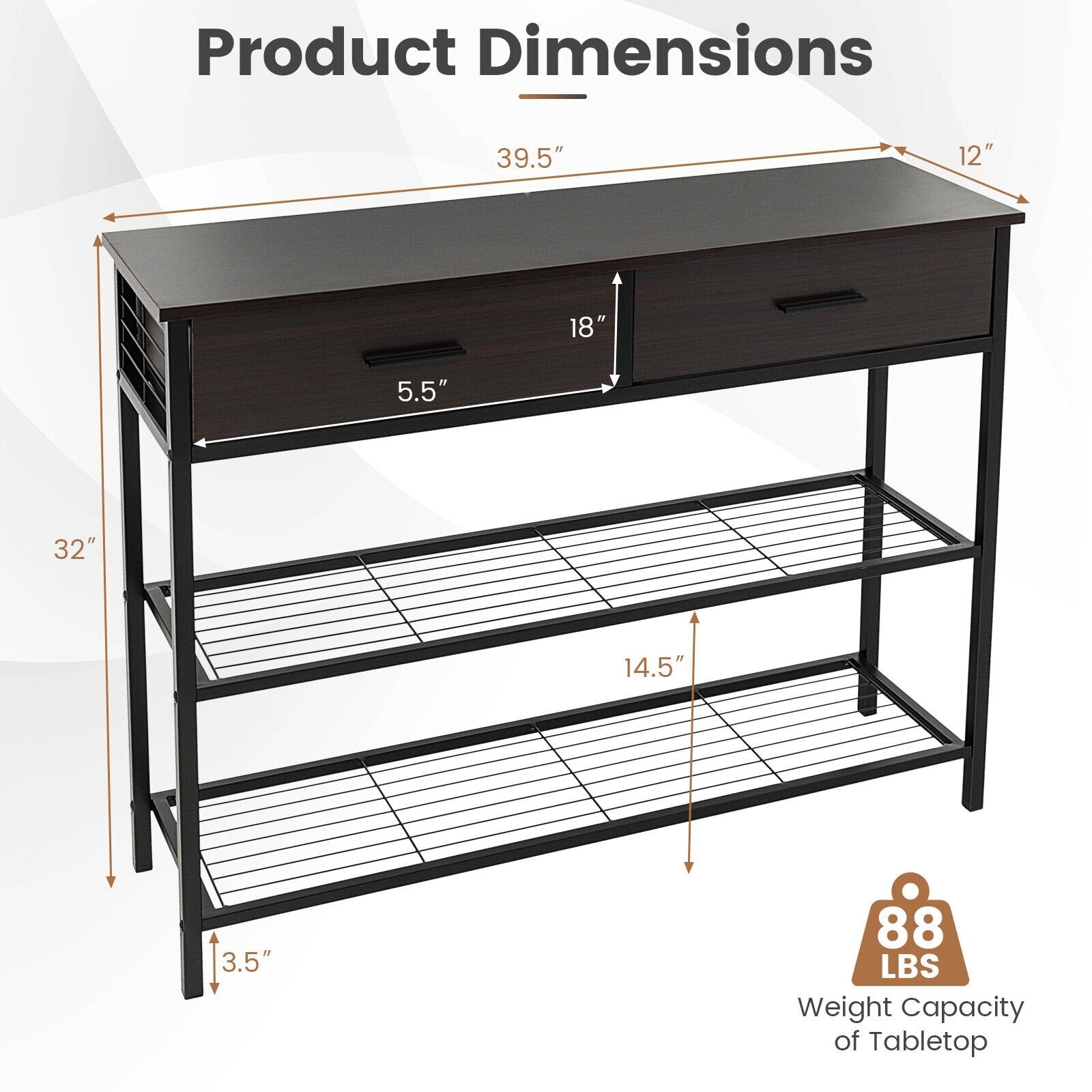 39.5 Inch Entryway Table with 2 Drawers and 2-Tier Shelves, Dark Brown Console Tables   at Gallery Canada