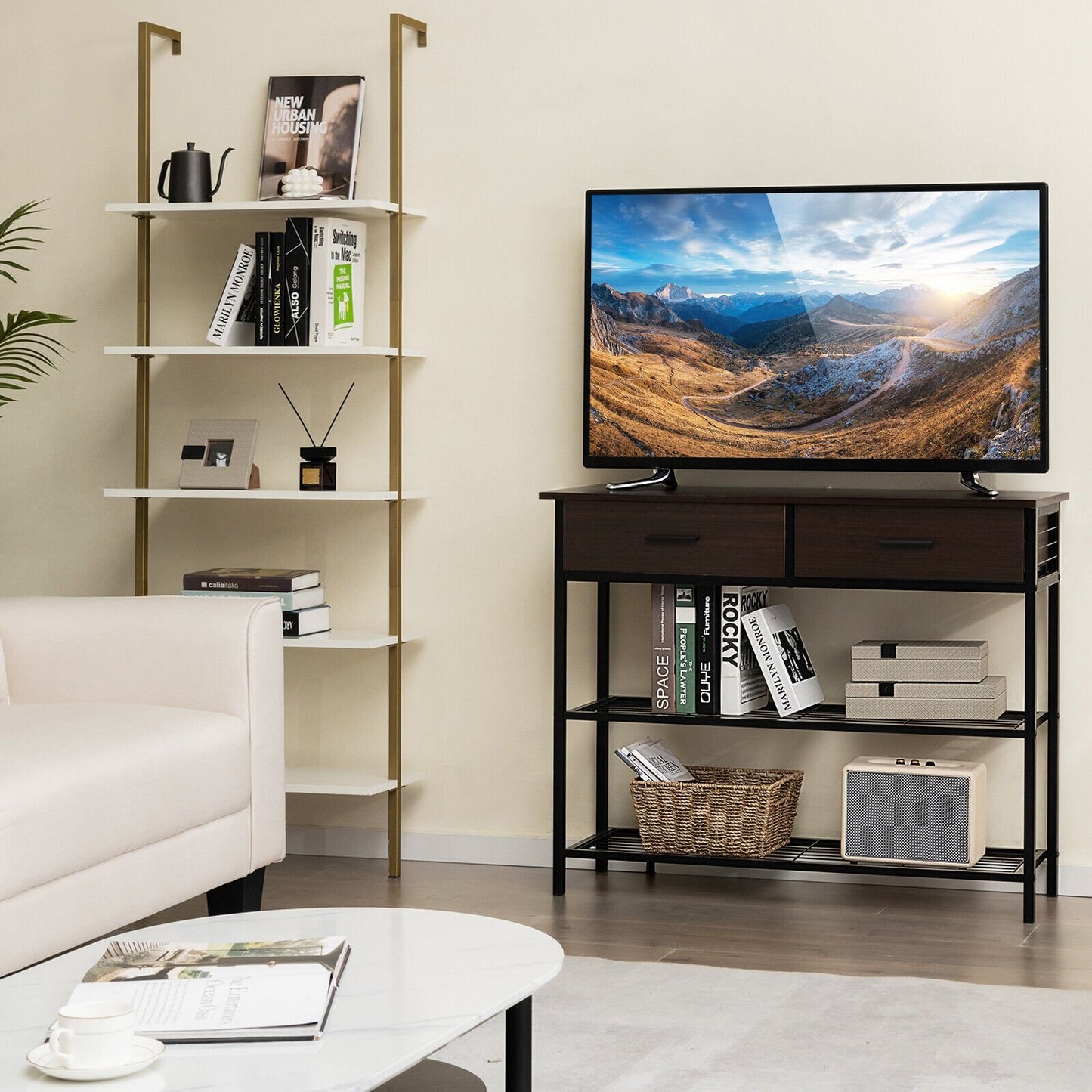 39.5 Inch Entryway Table with 2 Drawers and 2-Tier Shelves, Dark Brown Console Tables   at Gallery Canada