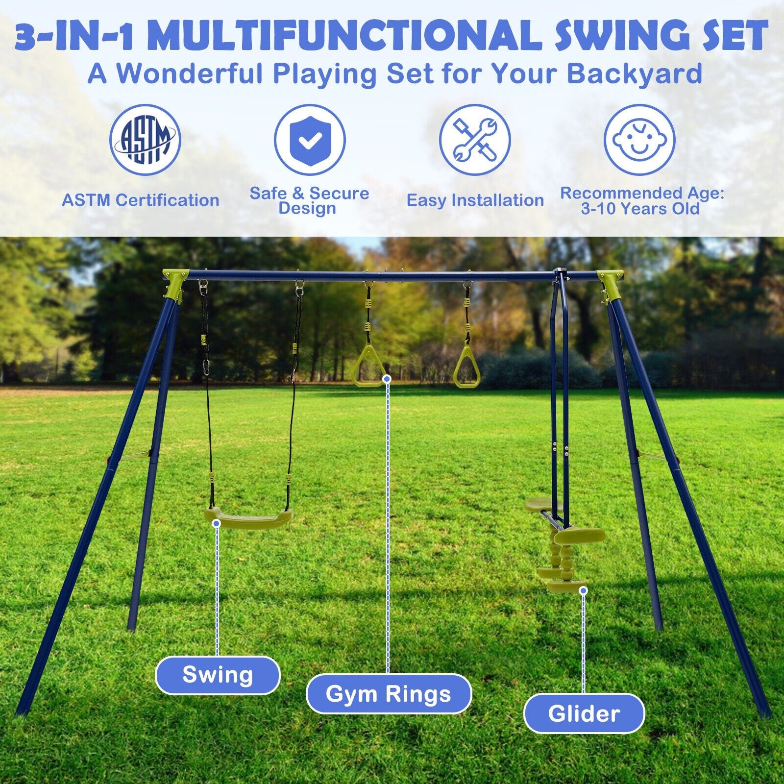 3-in-1 Outdoor Swing Set for Kids Aged 3 to 10, Blue Swing & Playsets   at Gallery Canada