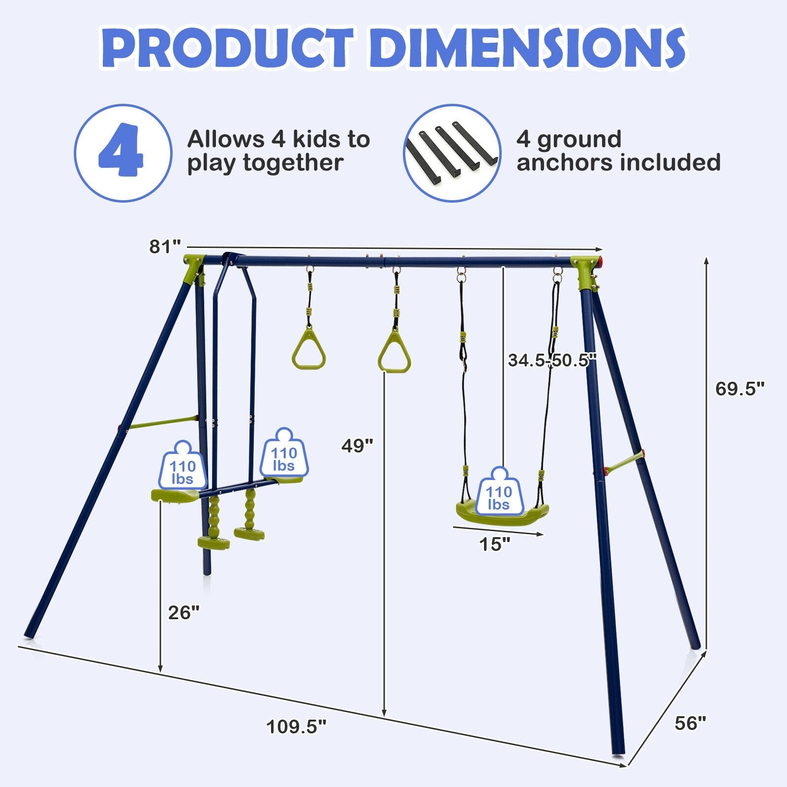 3-in-1 Outdoor Swing Set for Kids Aged 3 to 10, Blue Swing & Playsets   at Gallery Canada