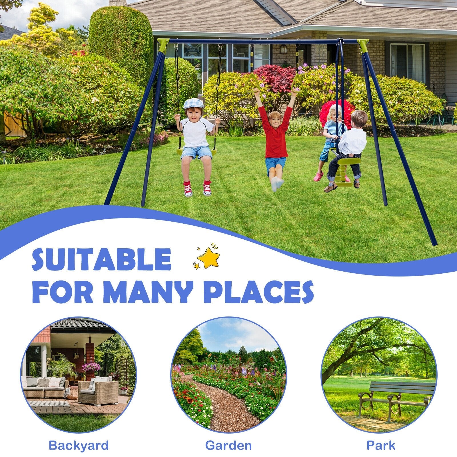 3-in-1 Outdoor Swing Set for Kids Aged 3 to 10, Blue Swing & Playsets   at Gallery Canada