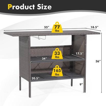 Outdoor Wicker Bar Table with 2 Metal Mesh Shelves, Brown Patio Bar Furniture   at Gallery Canada