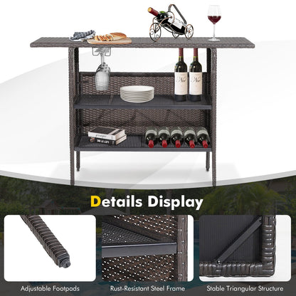 Outdoor Wicker Bar Table with 2 Metal Mesh Shelves, Brown Patio Bar Furniture   at Gallery Canada