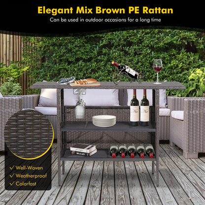 Outdoor Wicker Bar Table with 2 Metal Mesh Shelves, Brown Patio Bar Furniture   at Gallery Canada