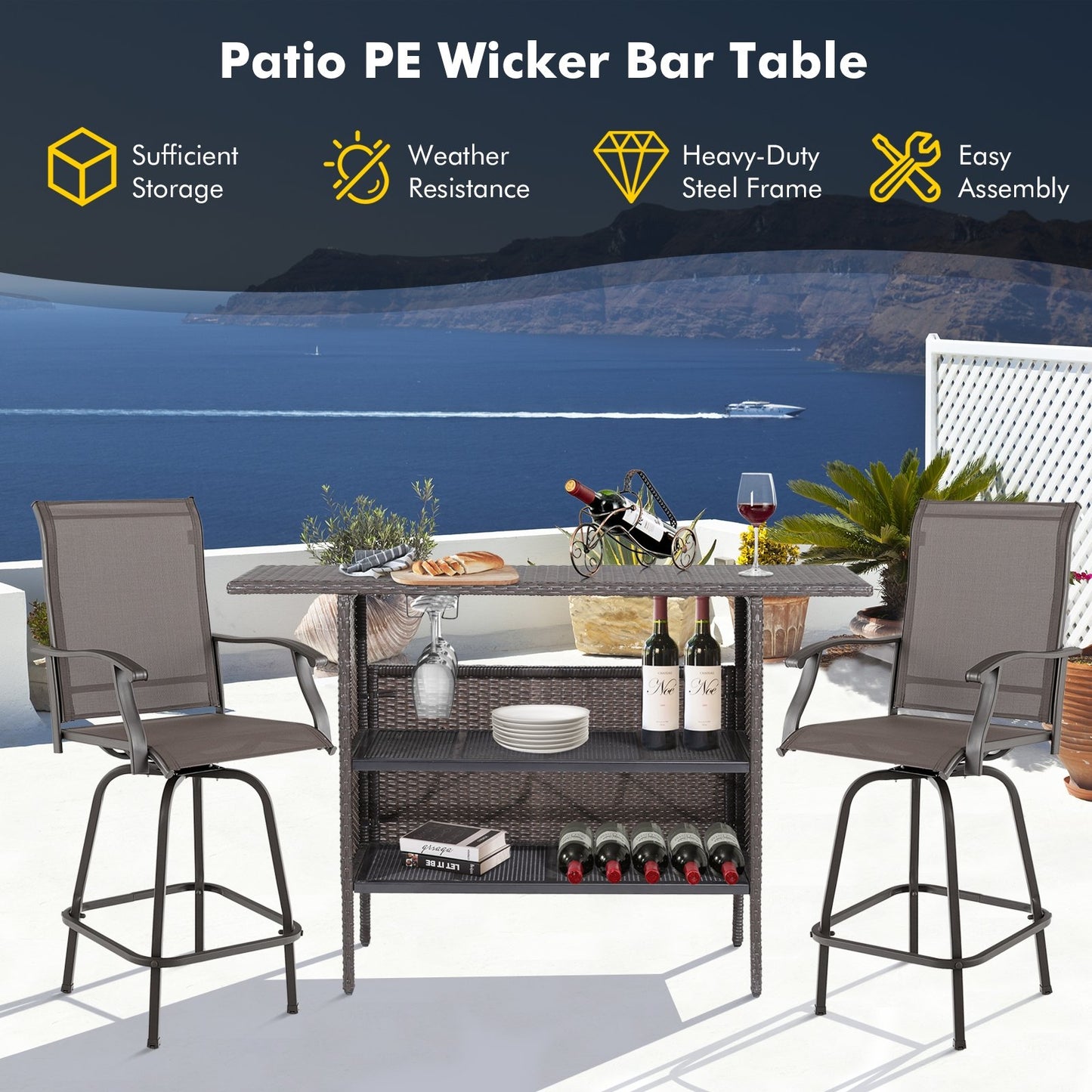 Outdoor Wicker Bar Table with 2 Metal Mesh Shelves, Brown Patio Bar Furniture   at Gallery Canada