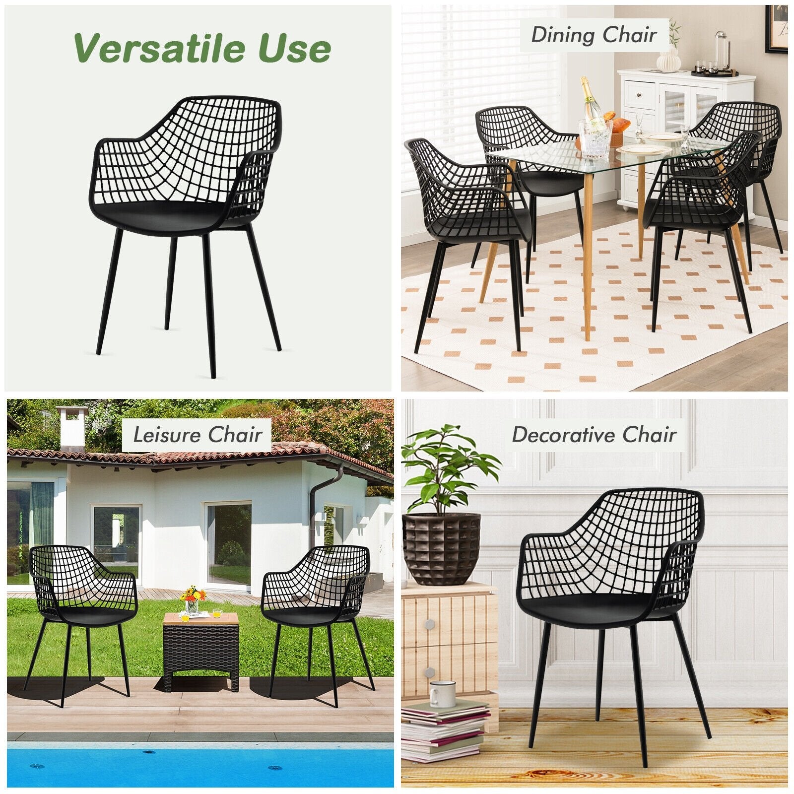 Set of 4 Heavy Duty Modern Dining Chair with Airy Hollow Backrest, Black Dining Chairs   at Gallery Canada