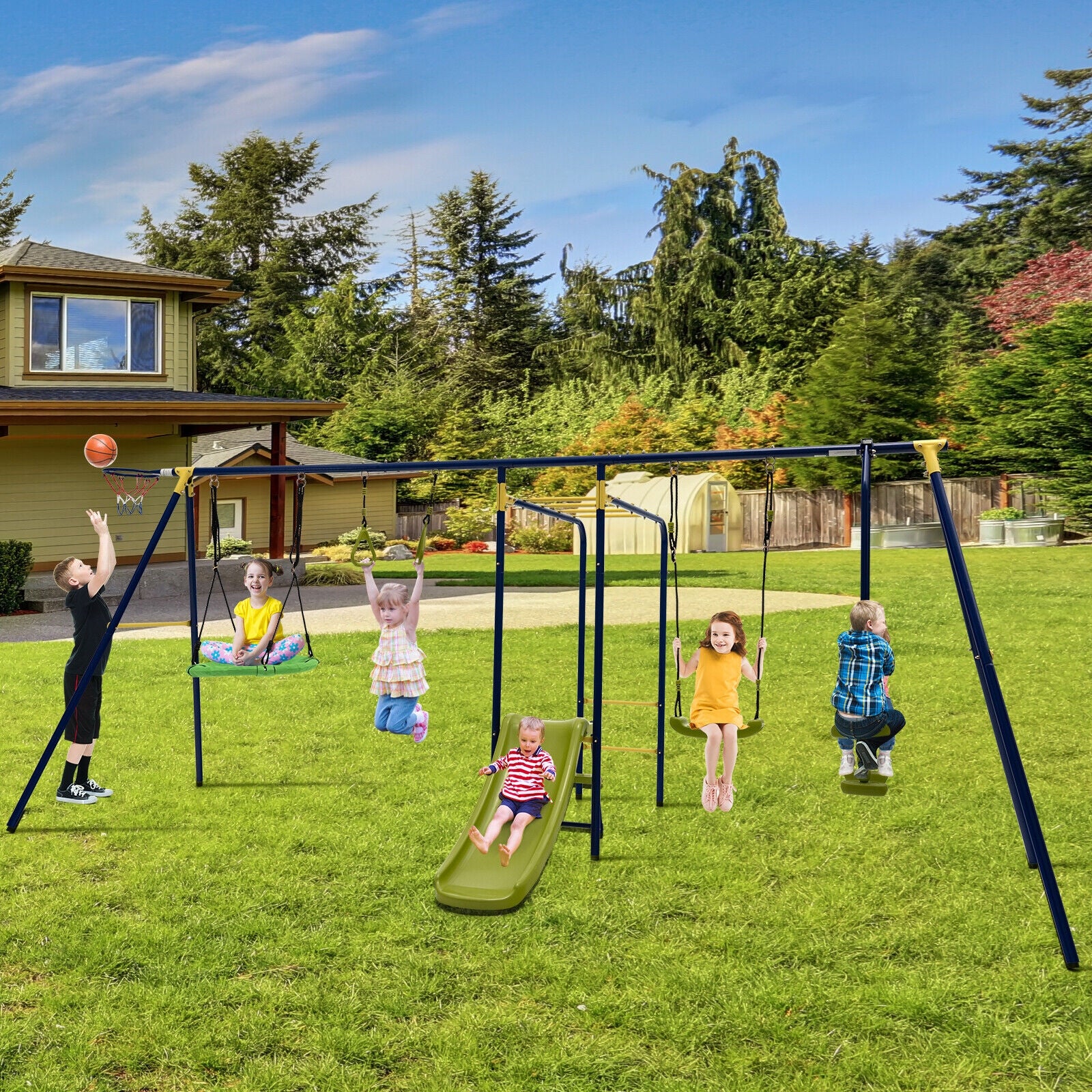 7-in-1 Stable A-shaped Outdoor Swing Set for Backyard, Blue Swing & Playsets at Gallery Canada