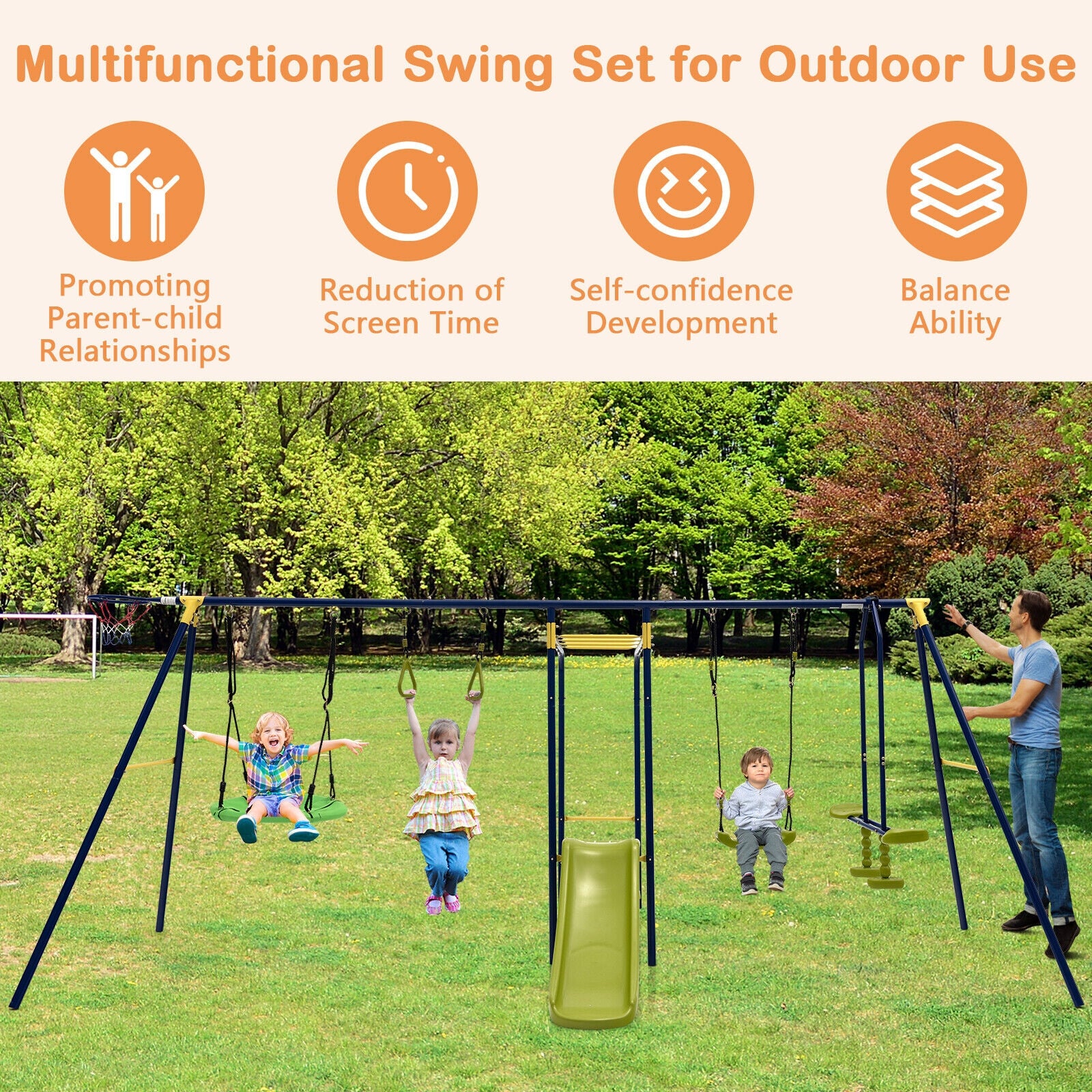 7-in-1 Stable A-shaped Outdoor Swing Set for Backyard, Blue Swing & Playsets at Gallery Canada