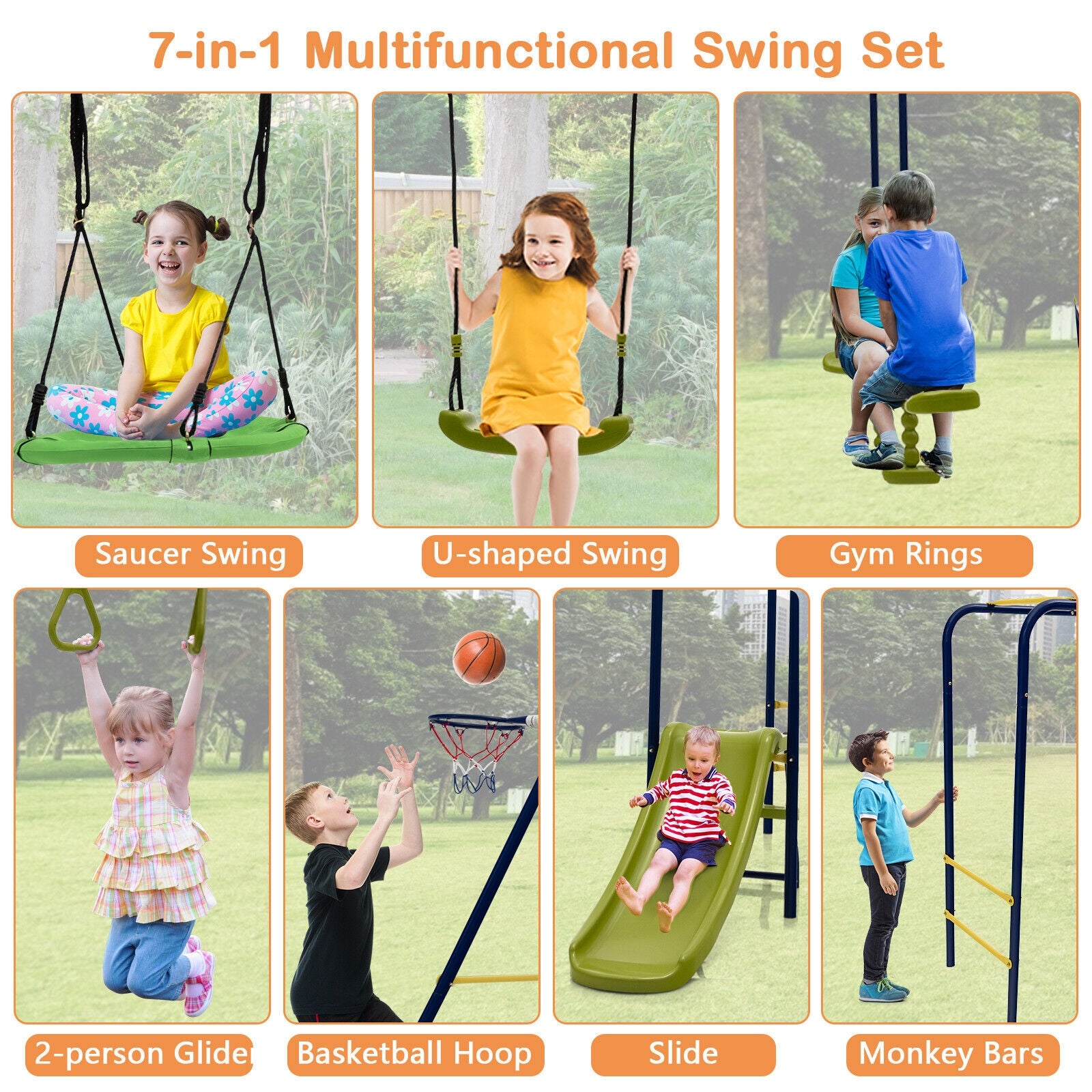 7-in-1 Stable A-shaped Outdoor Swing Set for Backyard, Blue Swing & Playsets at Gallery Canada