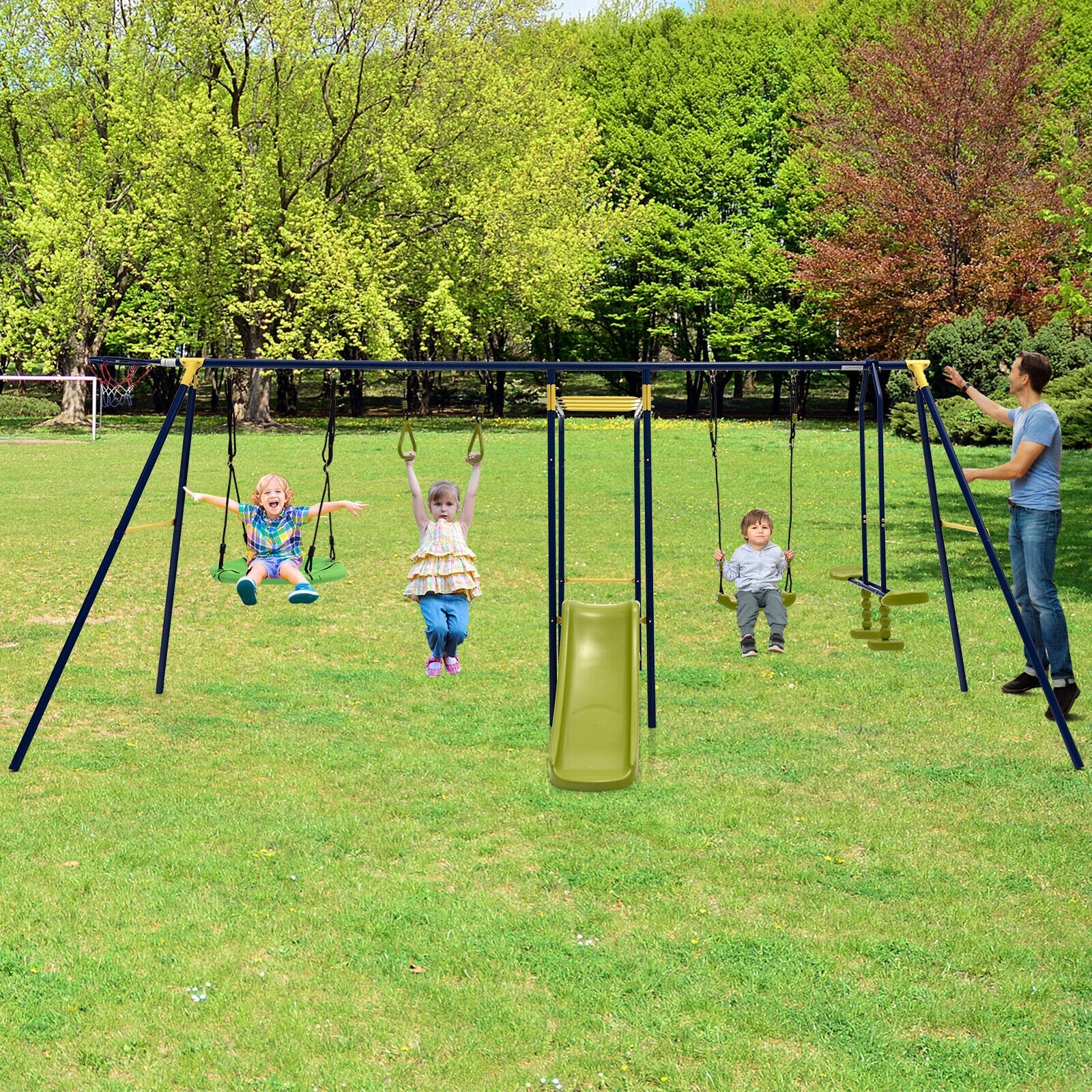 7-in-1 Stable A-shaped Outdoor Swing Set for Backyard, Blue Swing & Playsets at Gallery Canada