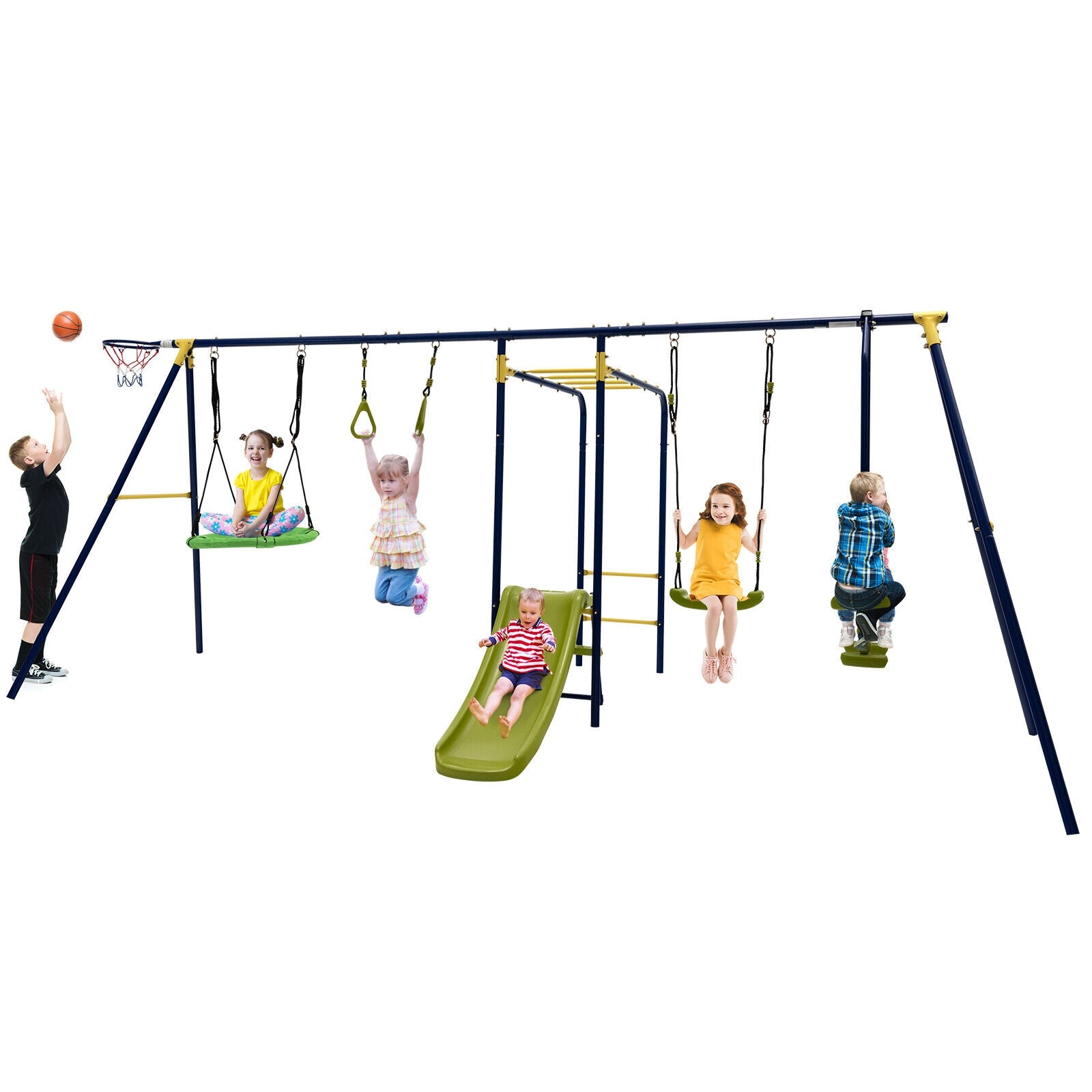 7-in-1 Stable A-shaped Outdoor Swing Set for Backyard, Blue Swing & Playsets at Gallery Canada