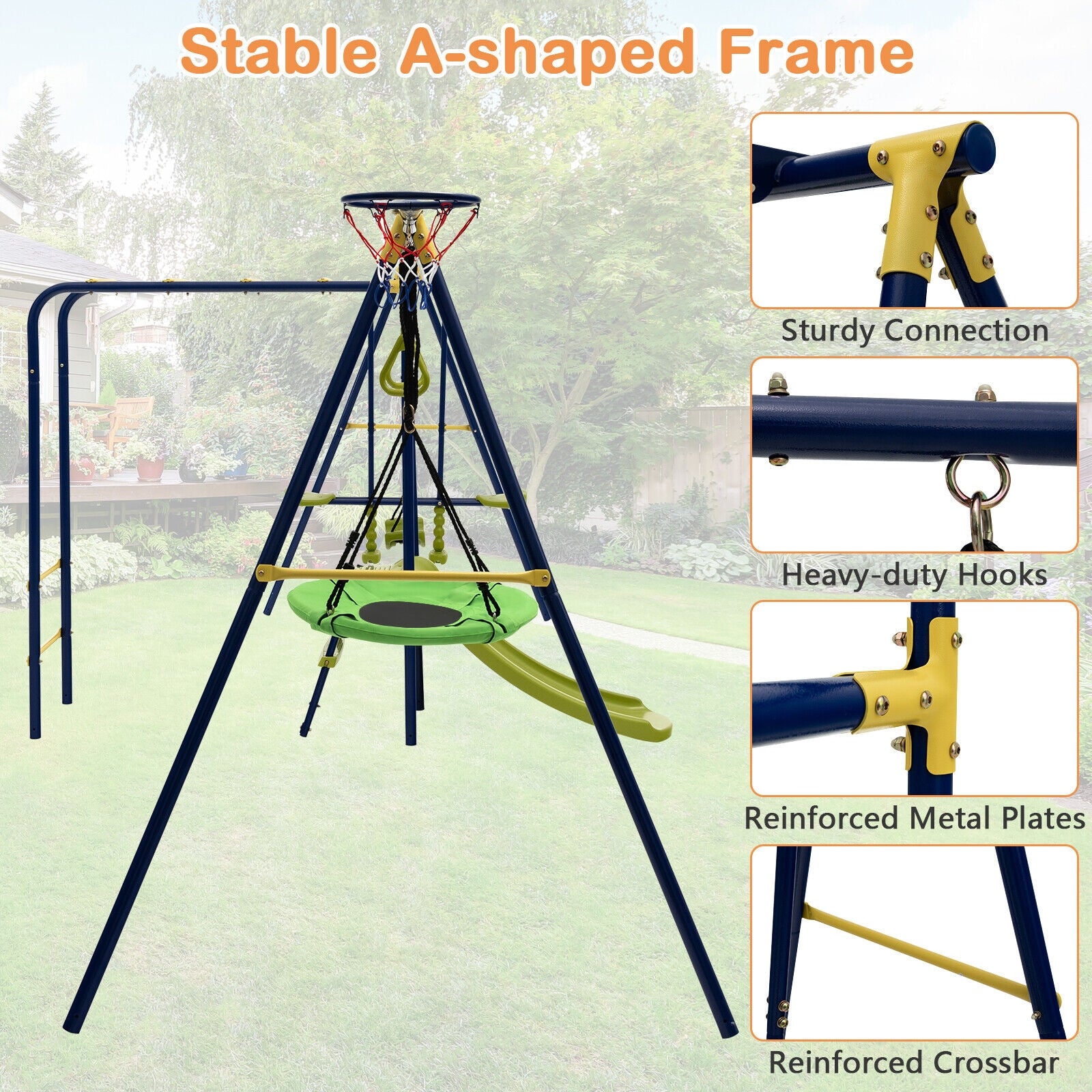 7-in-1 Stable A-shaped Outdoor Swing Set for Backyard, Blue Swing & Playsets at Gallery Canada
