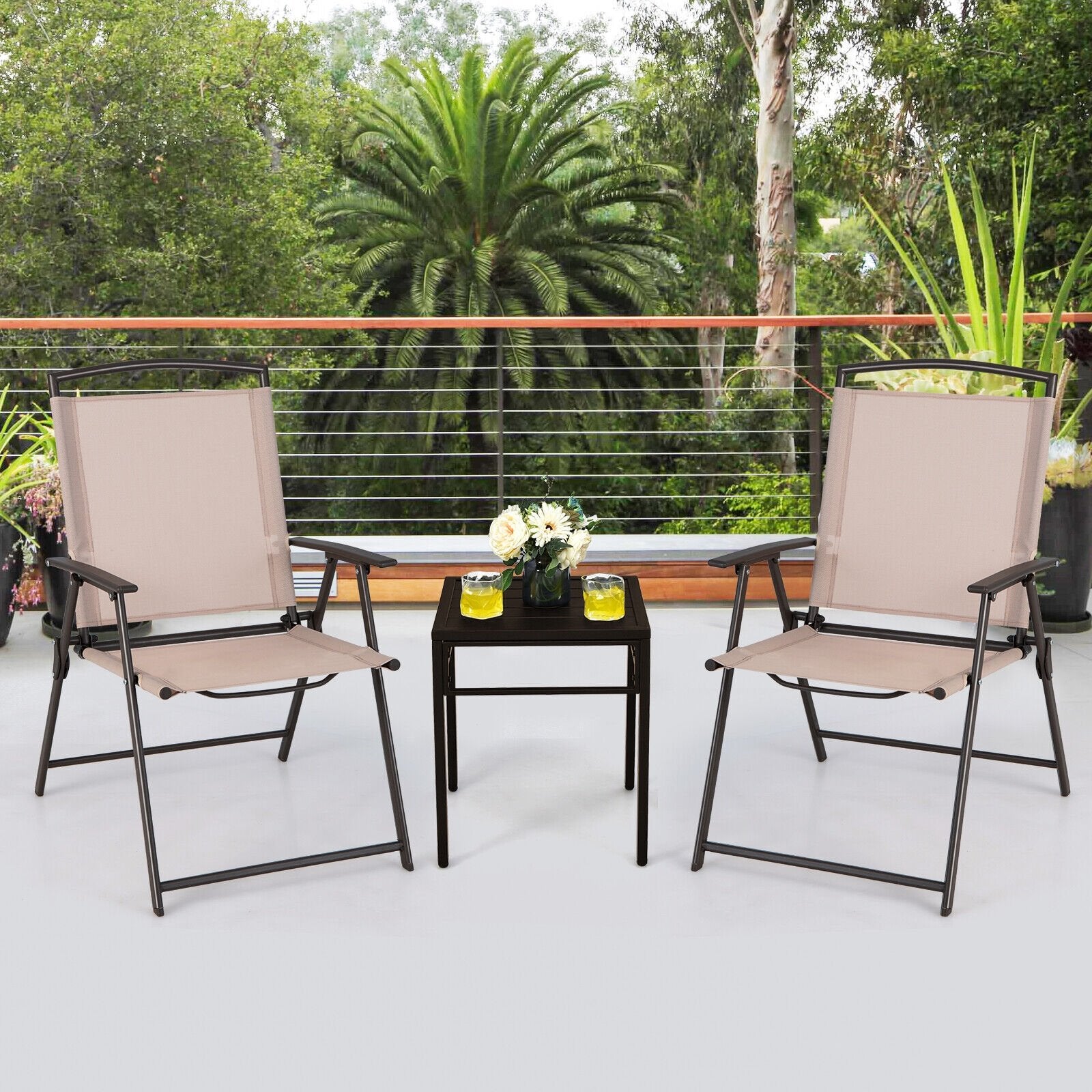 Set of 2 Patio Dining Chairs with Armrests and Rustproof Steel Frame, Beige Patio Dining Chairs   at Gallery Canada