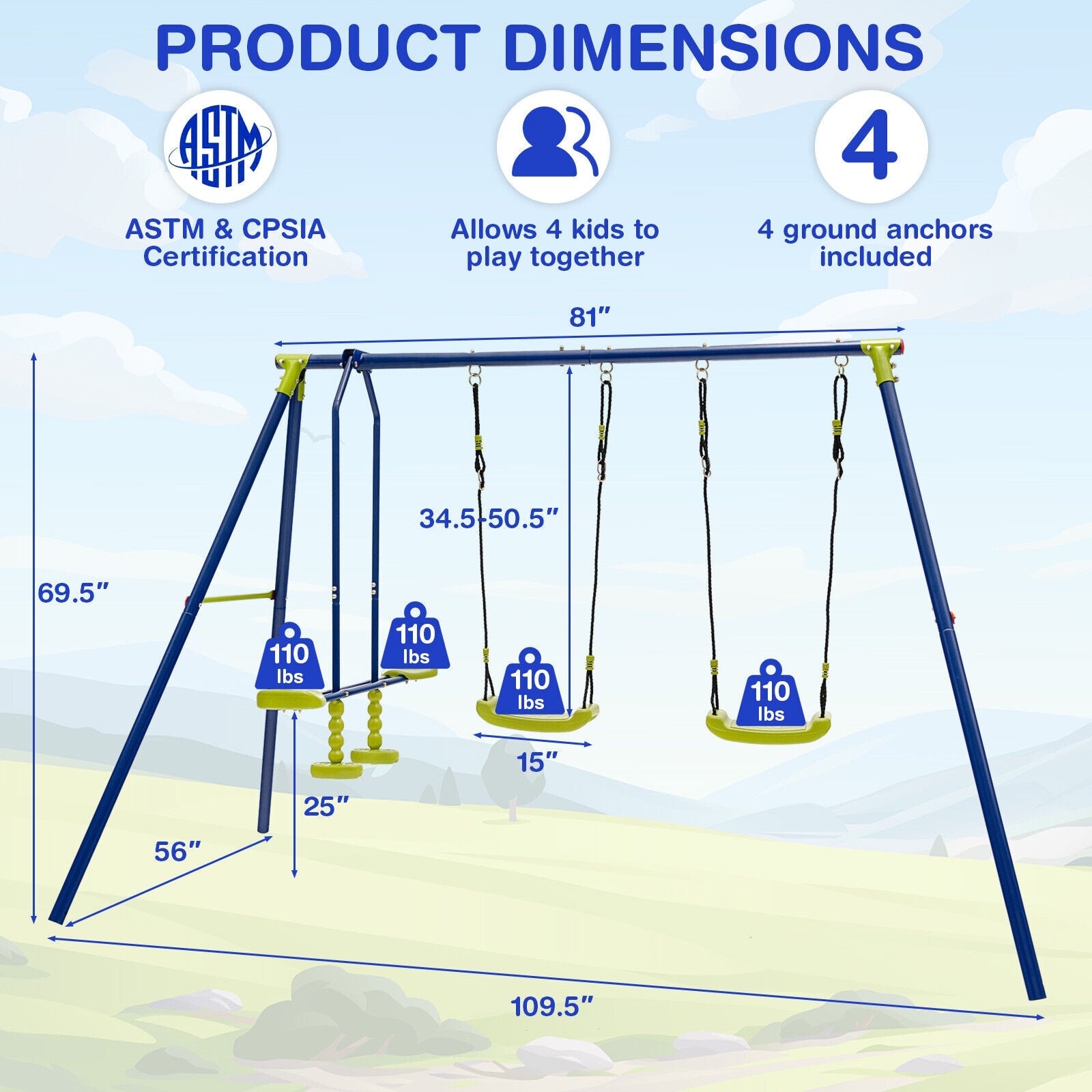 440 Pounds Kids Swing Set with Two Swings and One Glider, Blue Swing & Playsets at Gallery Canada