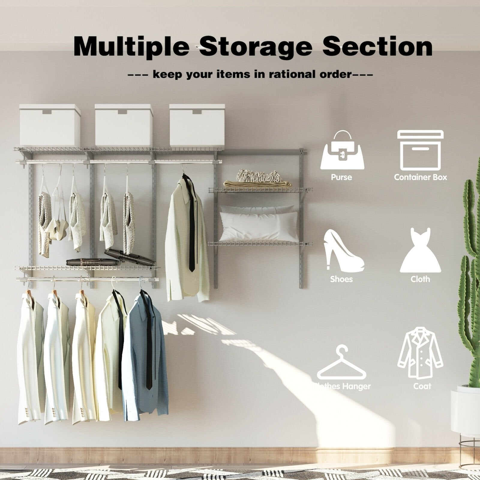 3 to 6 Feet Wall-Mounted Closet System Organizer Kit with Hang Rod, Gray Clothing & Closet Storage   at Gallery Canada