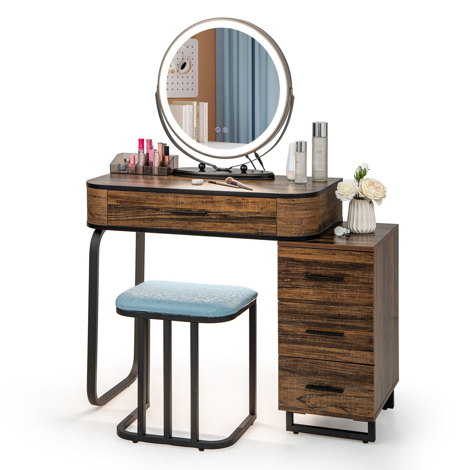 Vanity Table Set with 3-Color Lighted Mirror and Charging Station, Brown Makeup Vanities   at Gallery Canada